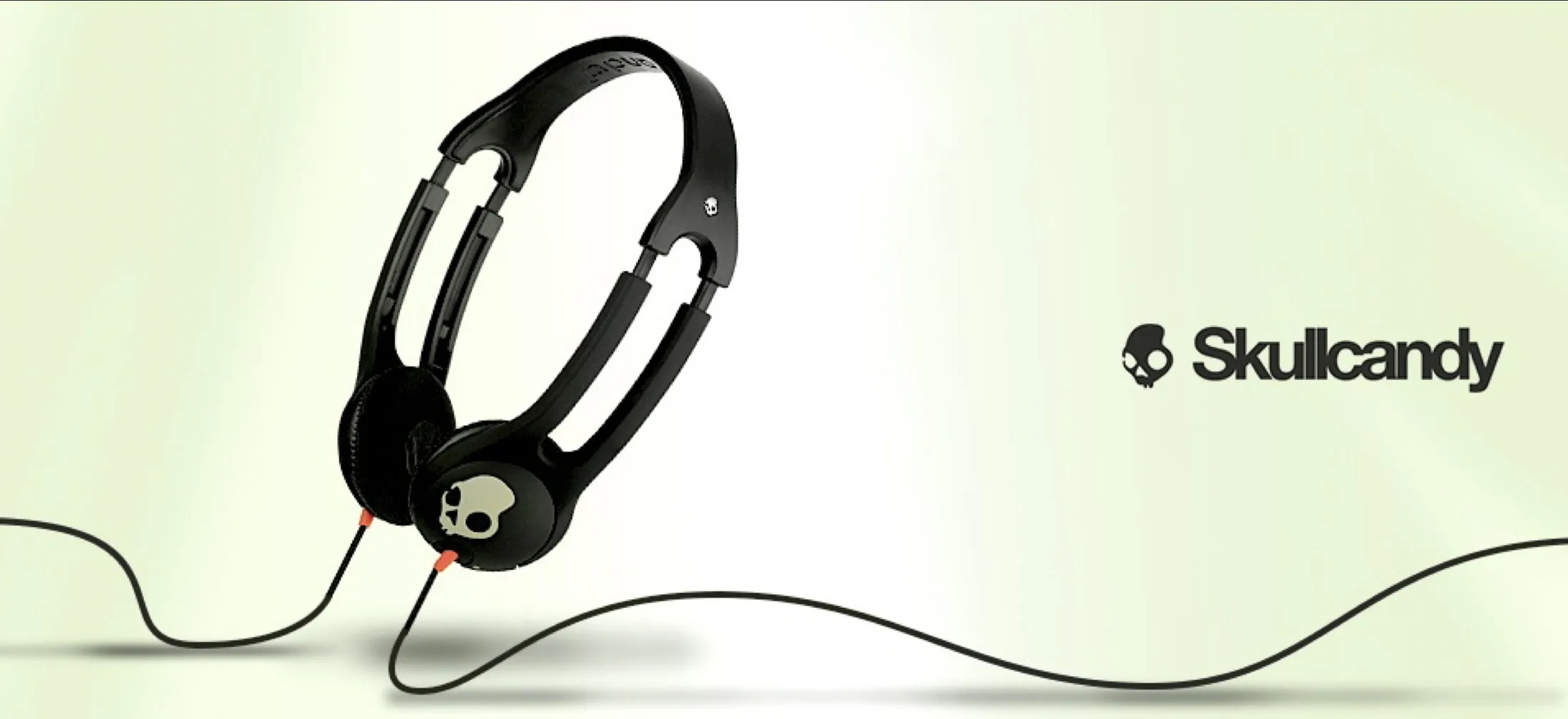 Product banner: black Skullcandy headphones with a curling cable on pale green.
