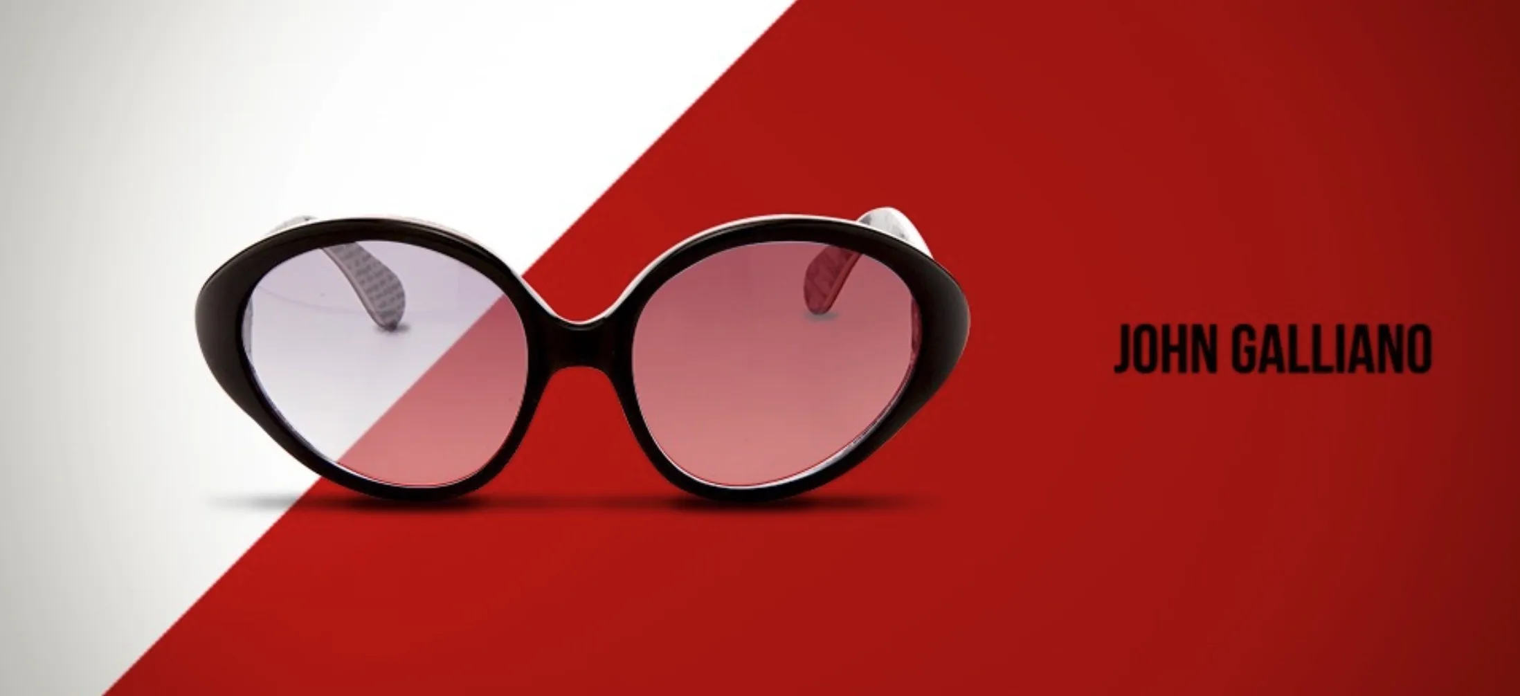 Product banner: John Galliano sunglasses on a red and white diagonal background.