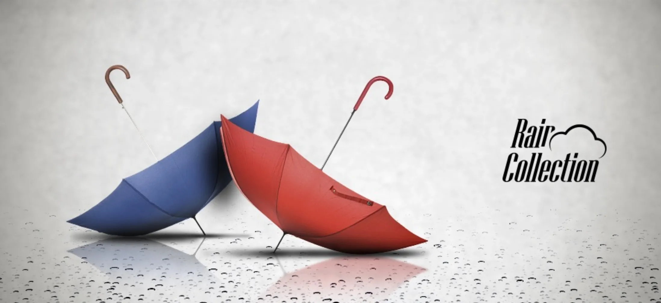 Product banner: a blue and a red umbrella lying on the ground, 'Rain Collection'.