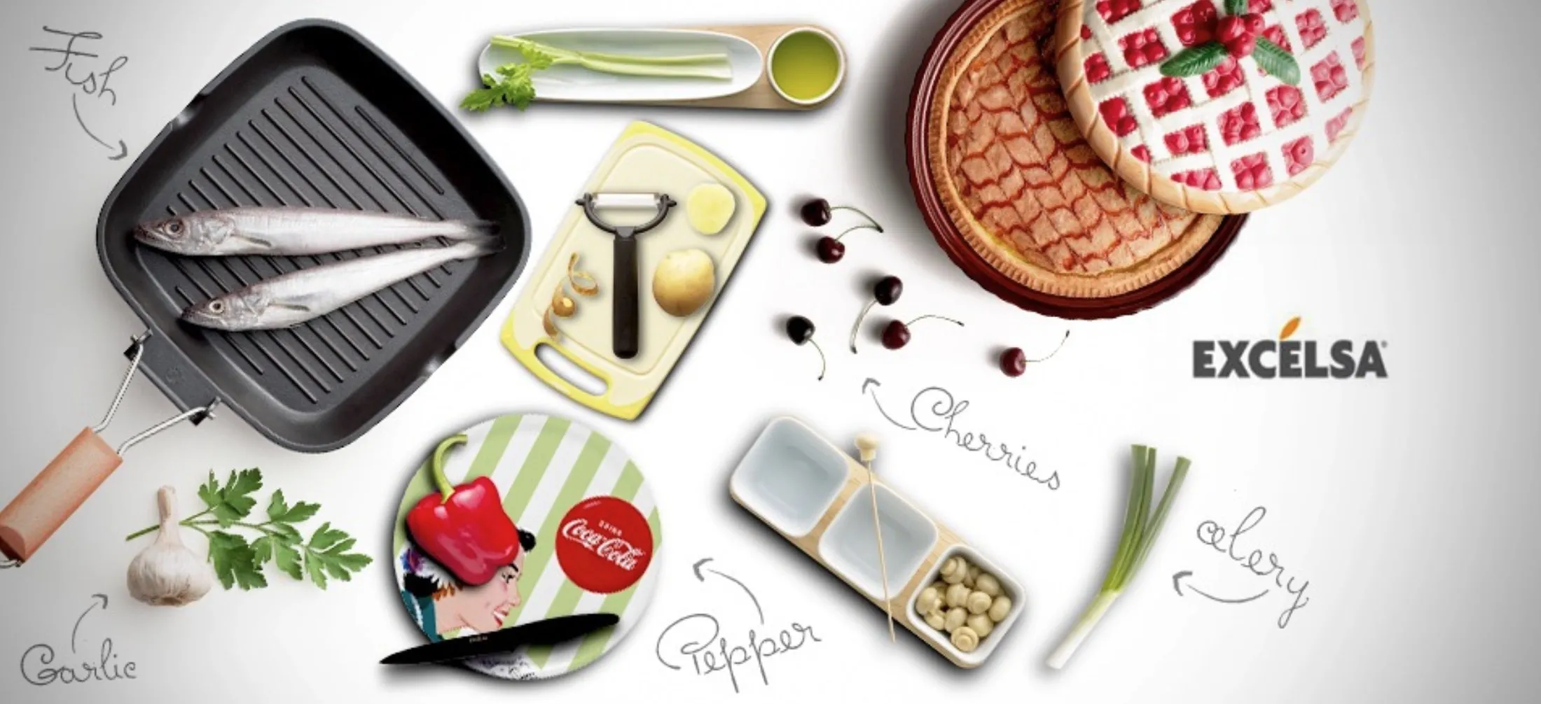 Product banner: Excelsa kitchenware laid out from above with hand-drawn labels.