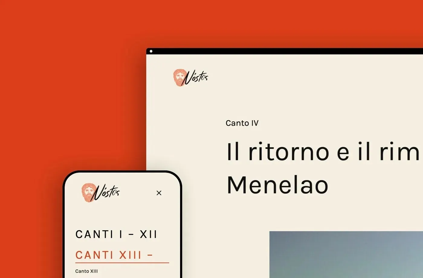 The blog page on orange, with a tablet showing Canto IV and a phone showing the menu Canti I – XII, Canti XIII – XXIV.