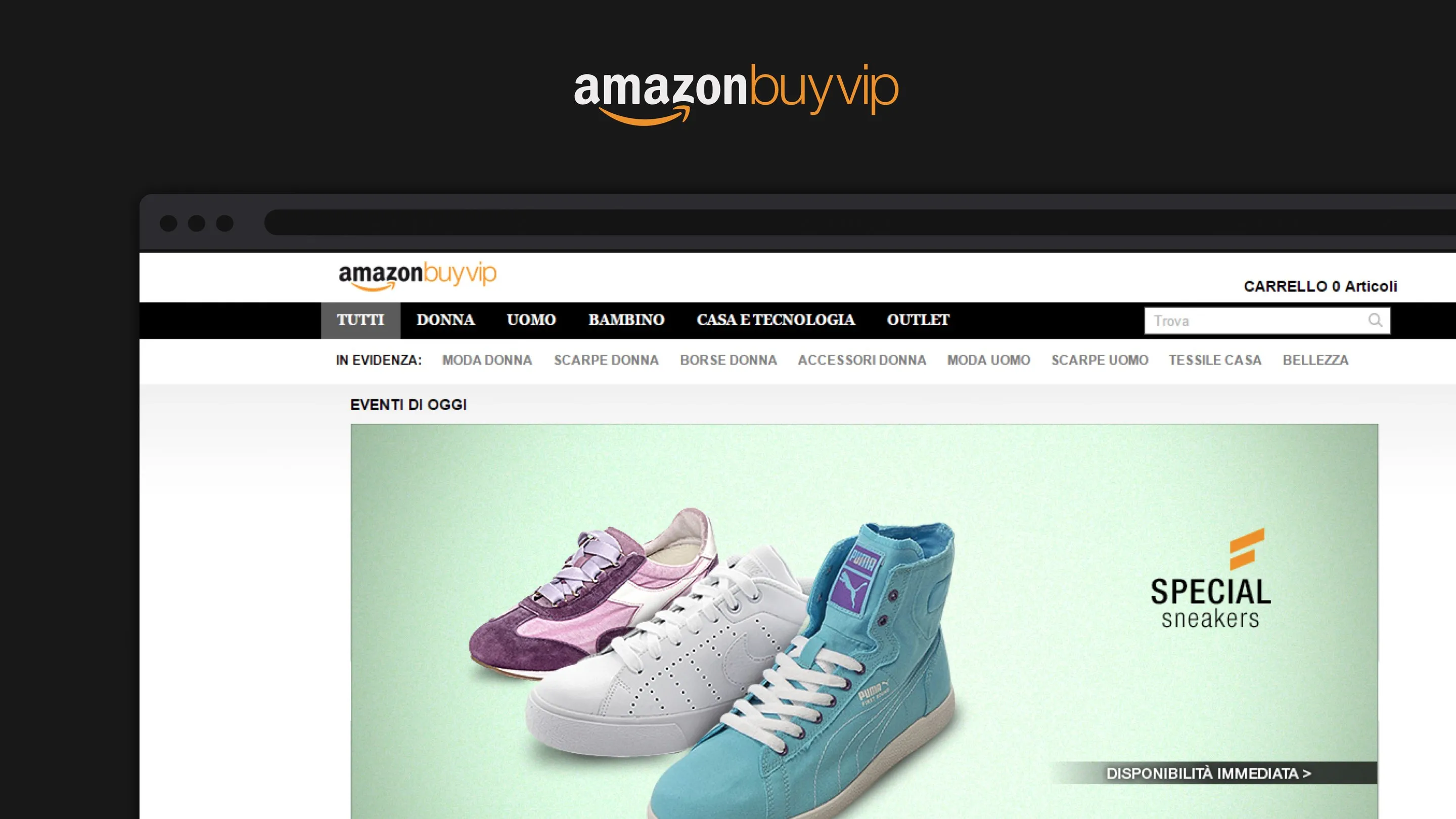 The amazon BuyVIP home page in a browser window, with a banner of pastel sneakers and the 'Special sneakers' campaign.