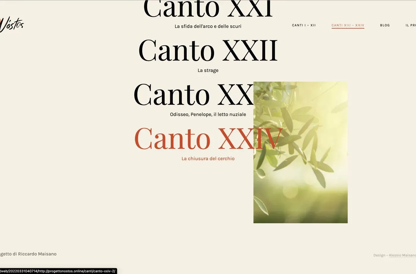 The live site: cantos XXI to XXIV, Canto XXIV in orange with a photo of olive branches in sunlight.