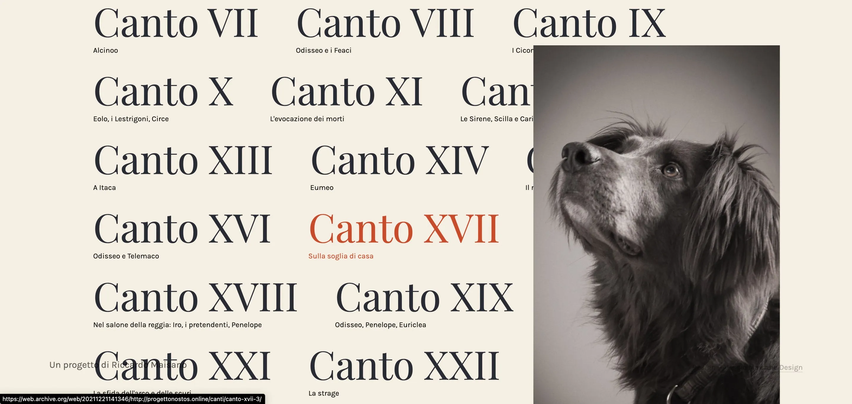 The list of cantos VII to XXII in large serif capitals on cream; hovering Canto XVII turns it orange and reveals a photo of a dark dog looking up.