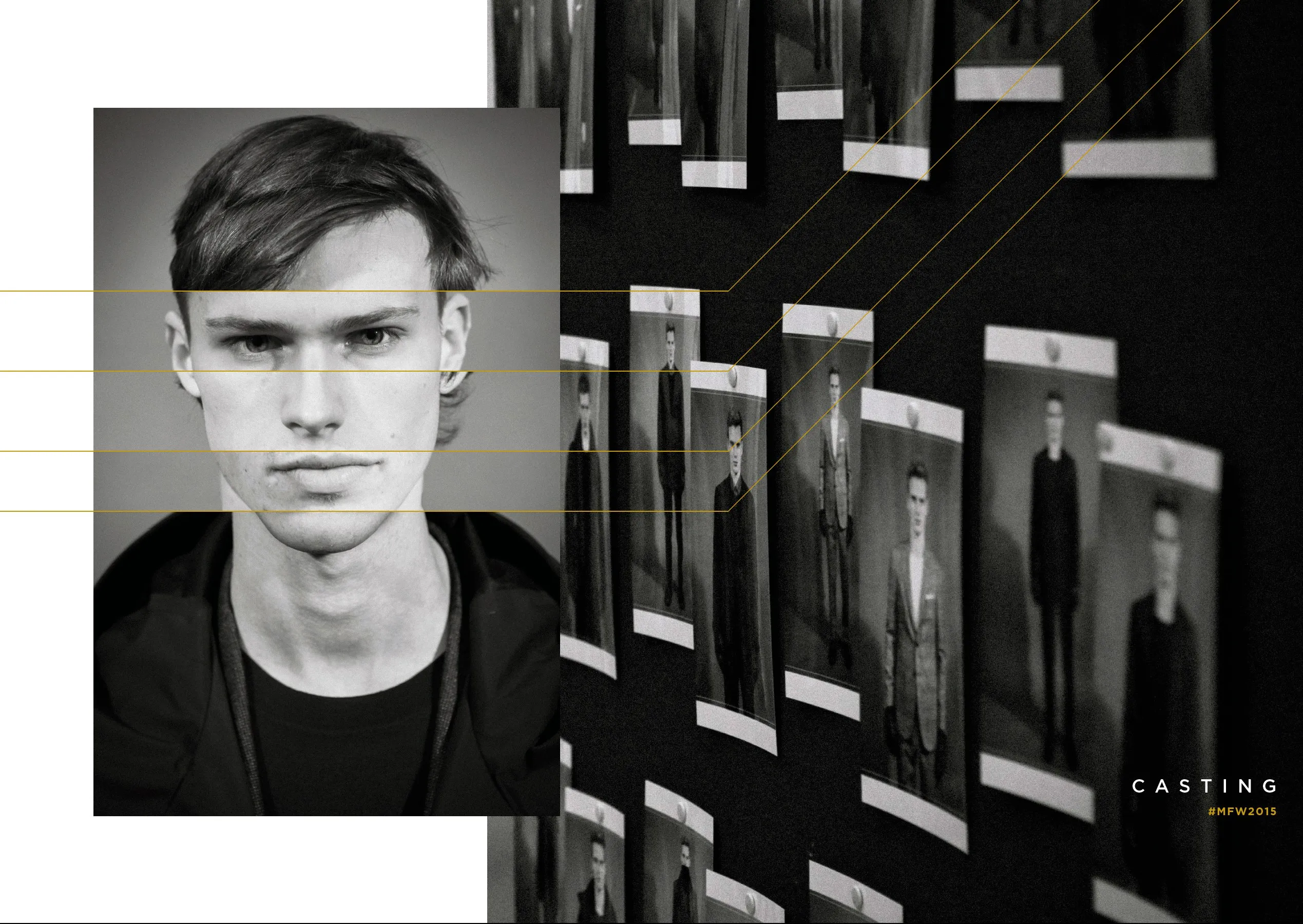 The Casting page: a large portrait of a young model on the left, a wall of polaroids of models on the right, crossed by thin gold lines.