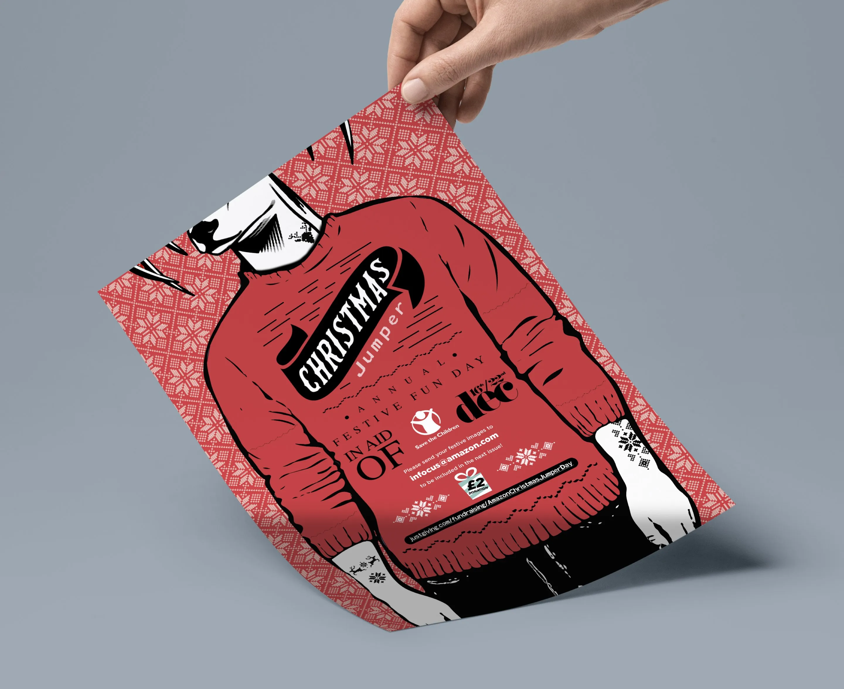 A hand holding the studio's Christmas poster: a red ugly-sweater illustration with the event details on the chest.