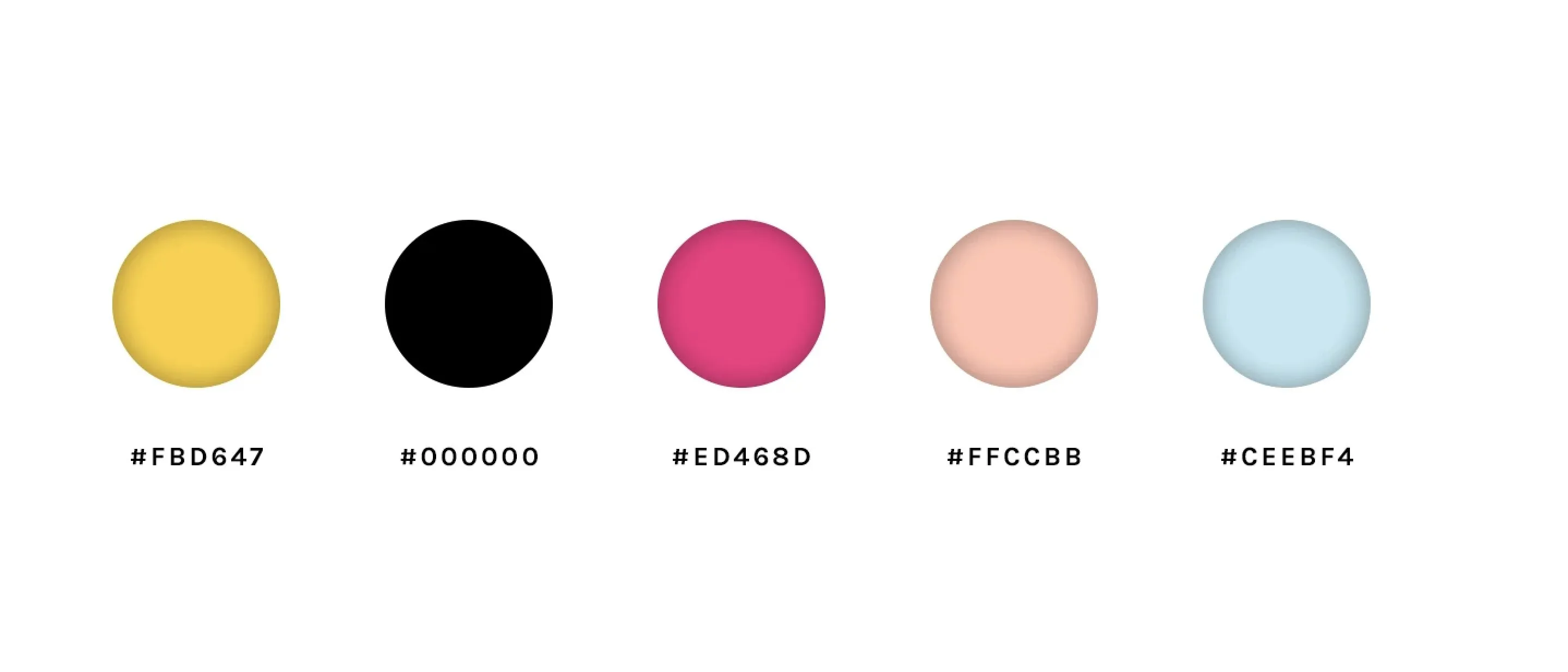 The colour palette: yellow #FBD647, black, pink #ED468D, pale pink #FFCCBB and pale blue #CEEBF4.
