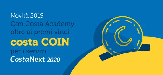 Banner: “New in 2019 — with Costa Academy, on top of the prizes you win Costa Coin for CostaNext 2020 services”, next to a large coin.