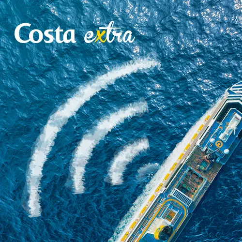 Costa extra: a ship seen from above, its wake drawing a wi-fi sign in the sea.