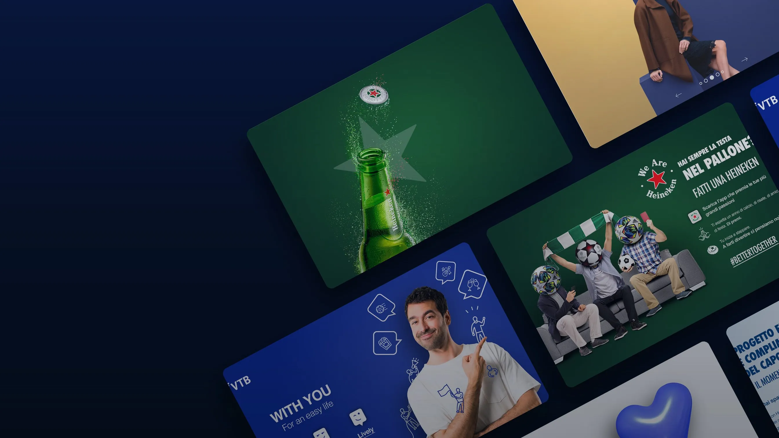 Large tilted cards of Jakala work on a deep blue background: an opening Heineken bottle, Torino Outlet Village, the “We Are Heineken” sofa visual, VTB “With you”, and more Heineken and VTB visuals.