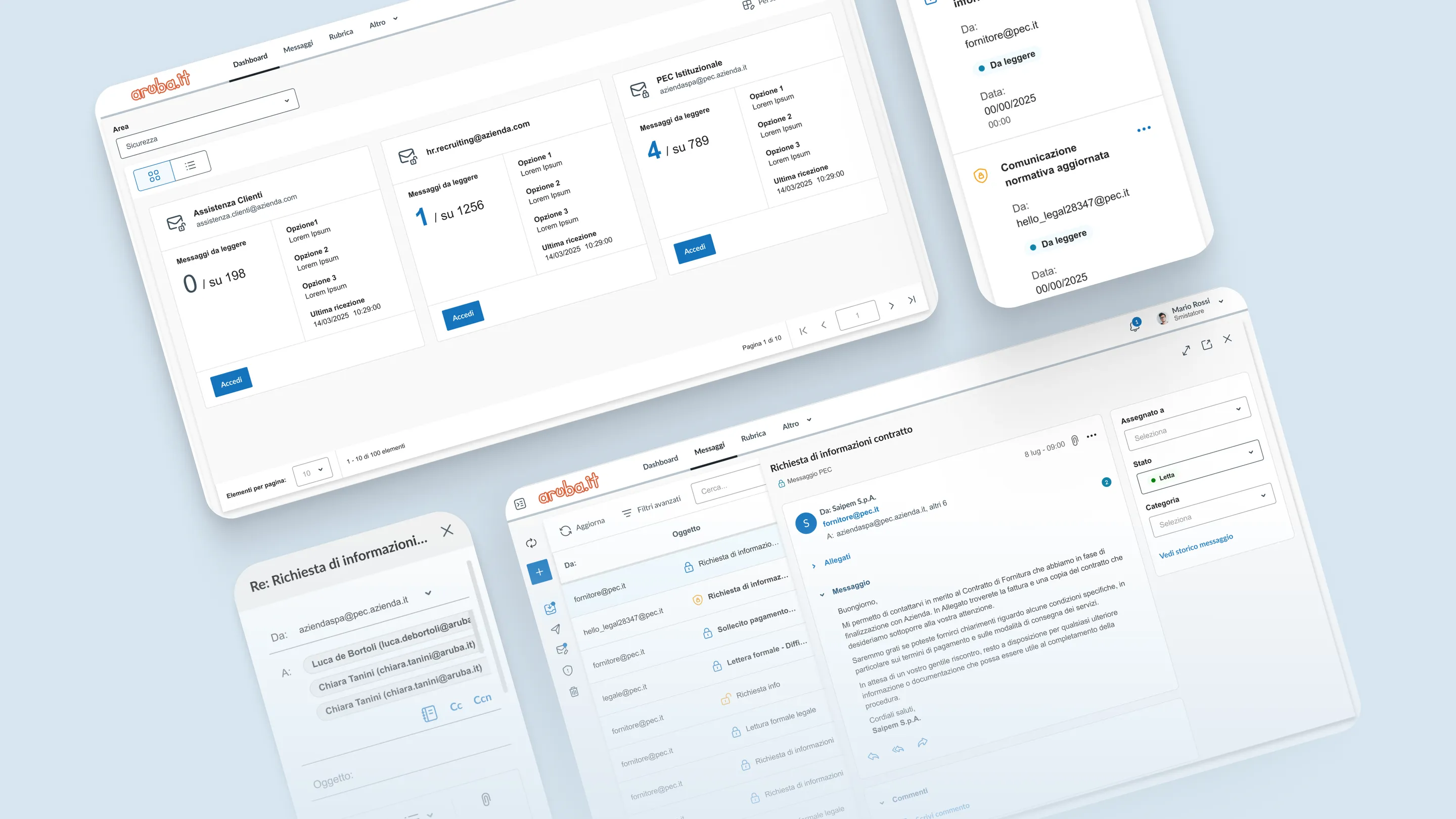 Four eDelivery Manager screens on a light blue background: the dashboard with mailbox cards, an email thread and two mobile views.