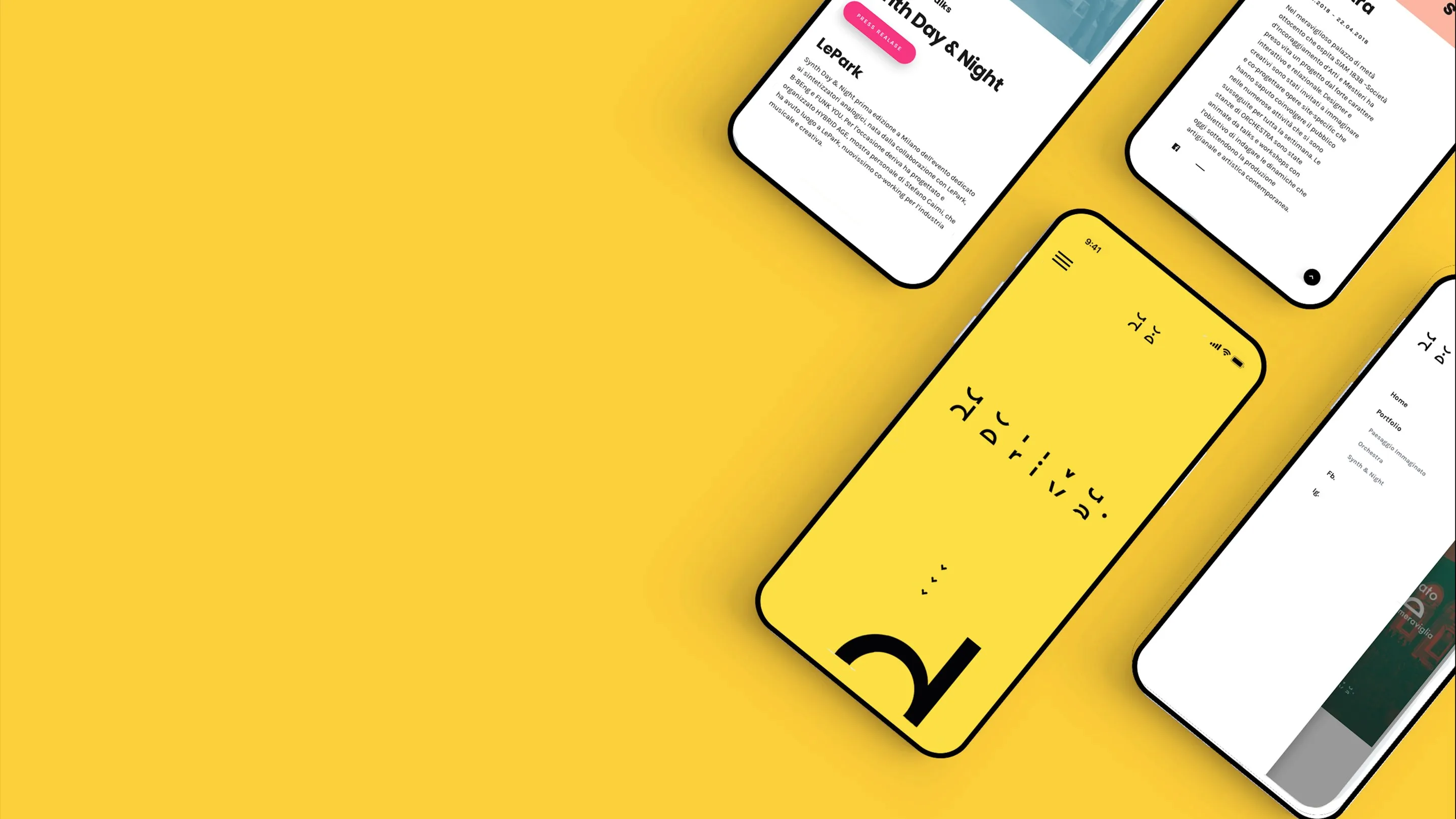 Five phones laid diagonally on a bright yellow surface, each showing a page of the Deriva website: the yellow home with the logo, the menu, an event page and a text page.