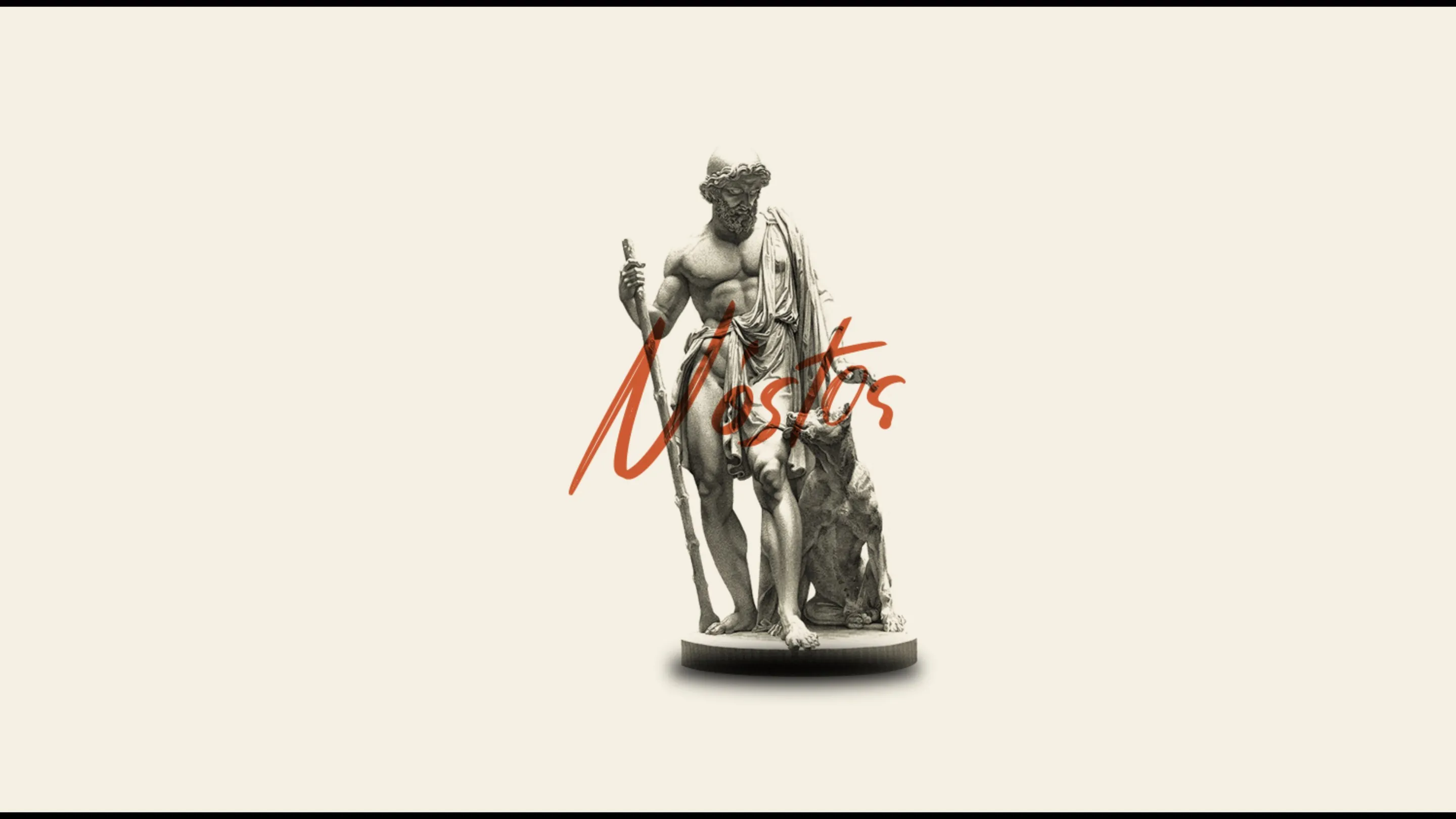 A marble statue of Ulysses with his dog on a cream background, the name Nóstos written across it in orange brush lettering.