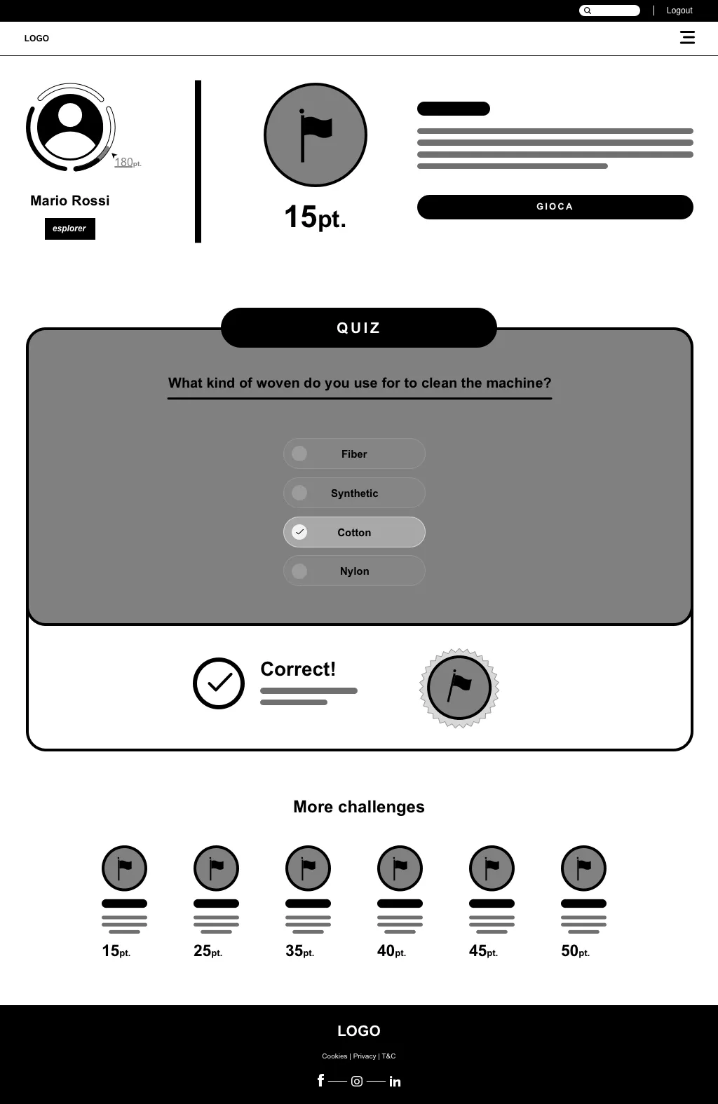 Wireframe of a single challenge: a question with multiple answers and more challenges below.