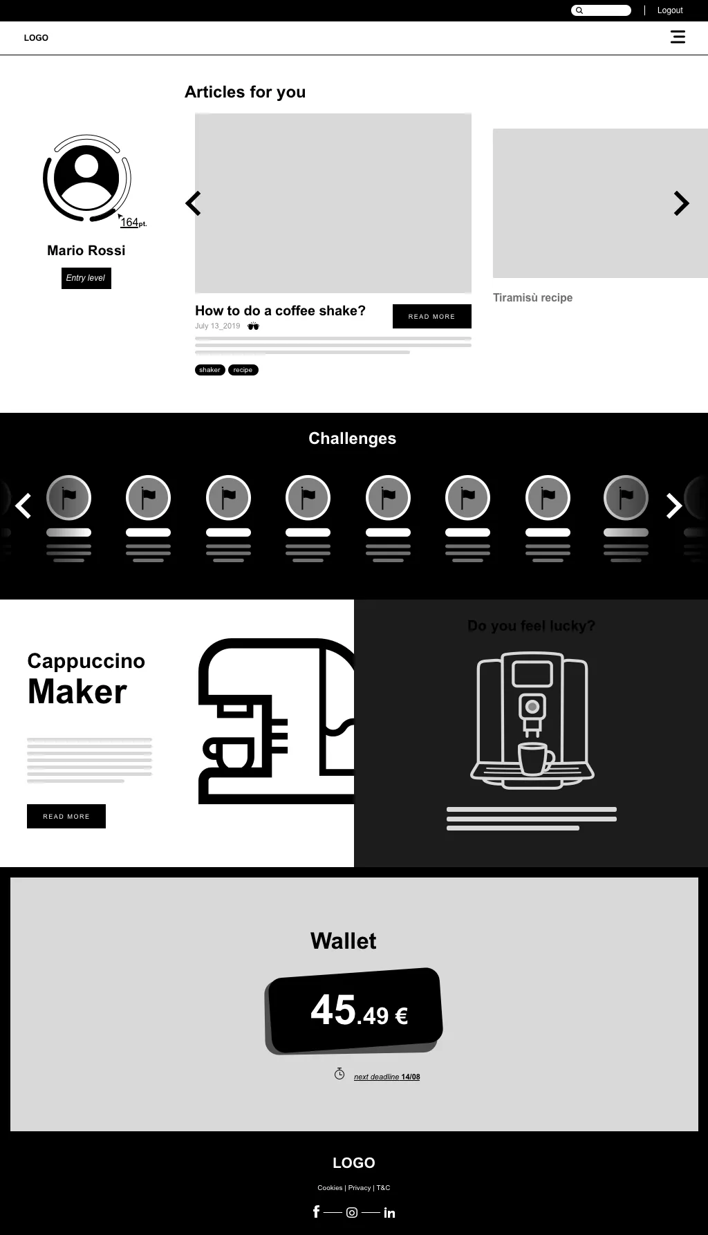 Alternative wireframe of the logged-in home, with a dark challenges band and a cappuccino maker.