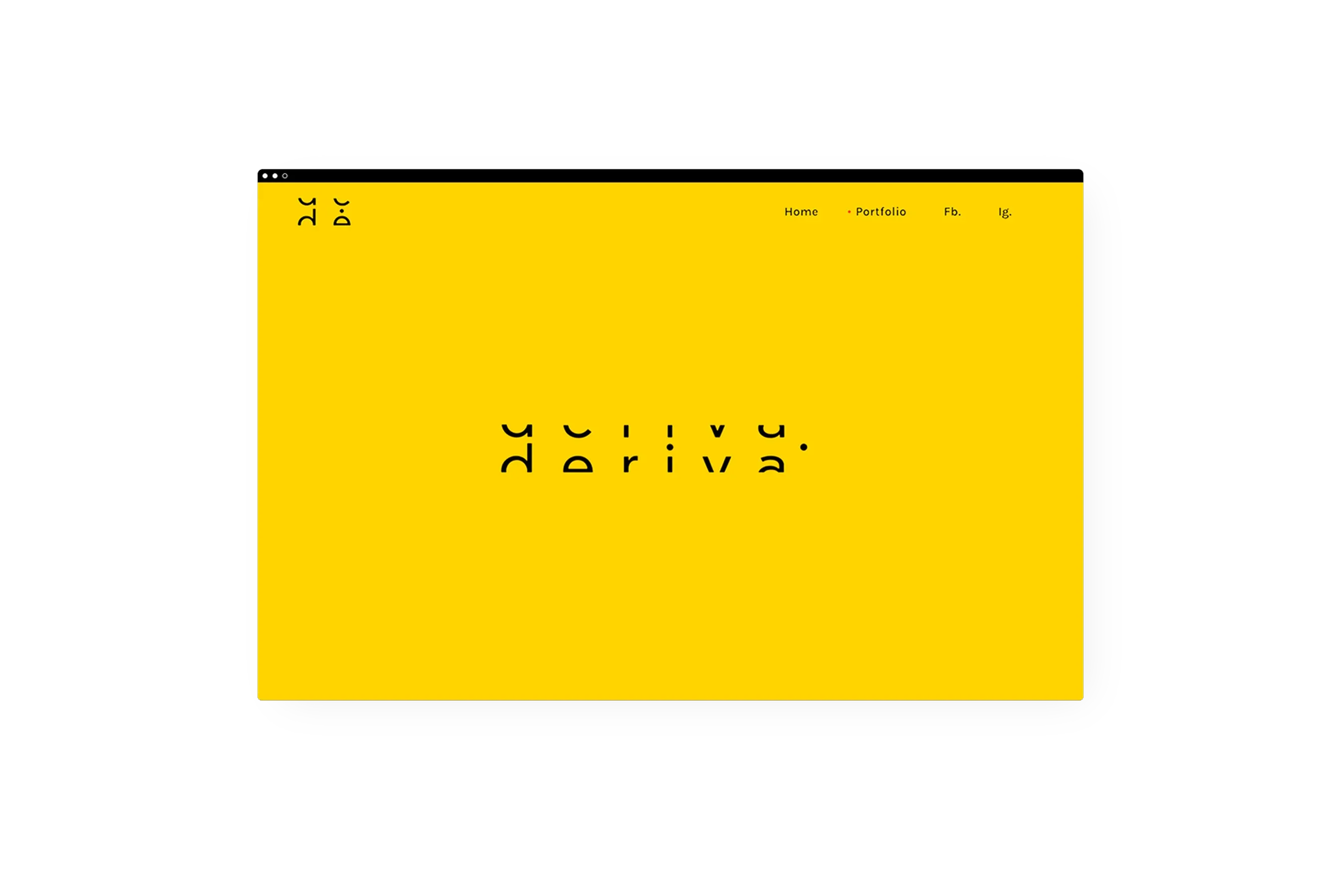 The Deriva home page in a browser window: the wordmark centred on bright yellow with the navigation on top.