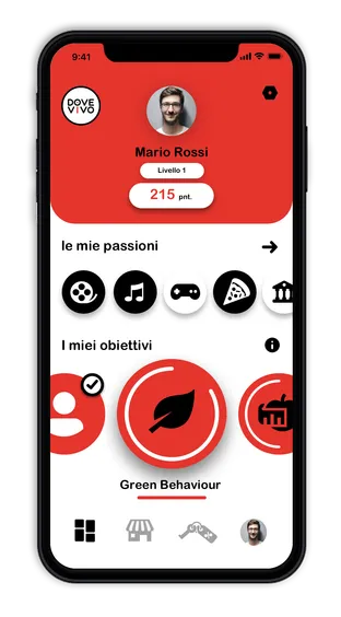 Dove Vivo loyalty app prototype: a member profile with points, passions and goals such as green behaviour.