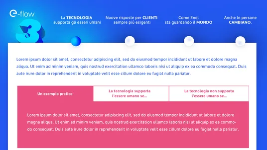 e-flow module screen: four chapters on a timeline and a practical example in a pink panel.