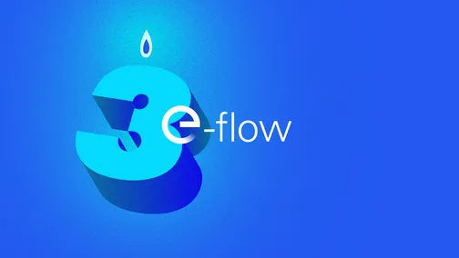 Enel e-flow: a large 3D number three with a drop of light, next to the e-flow logo on blue.