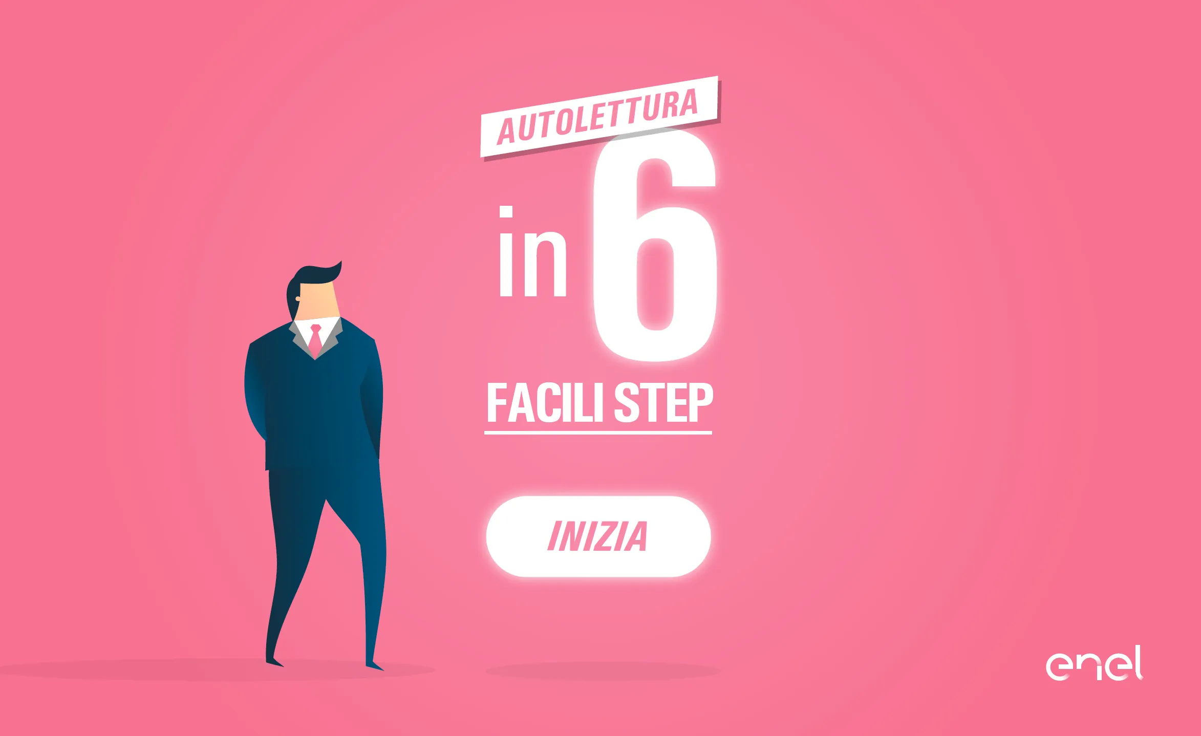 “Self meter reading in 6 easy steps”: a man in a suit next to the Start button, on pink.