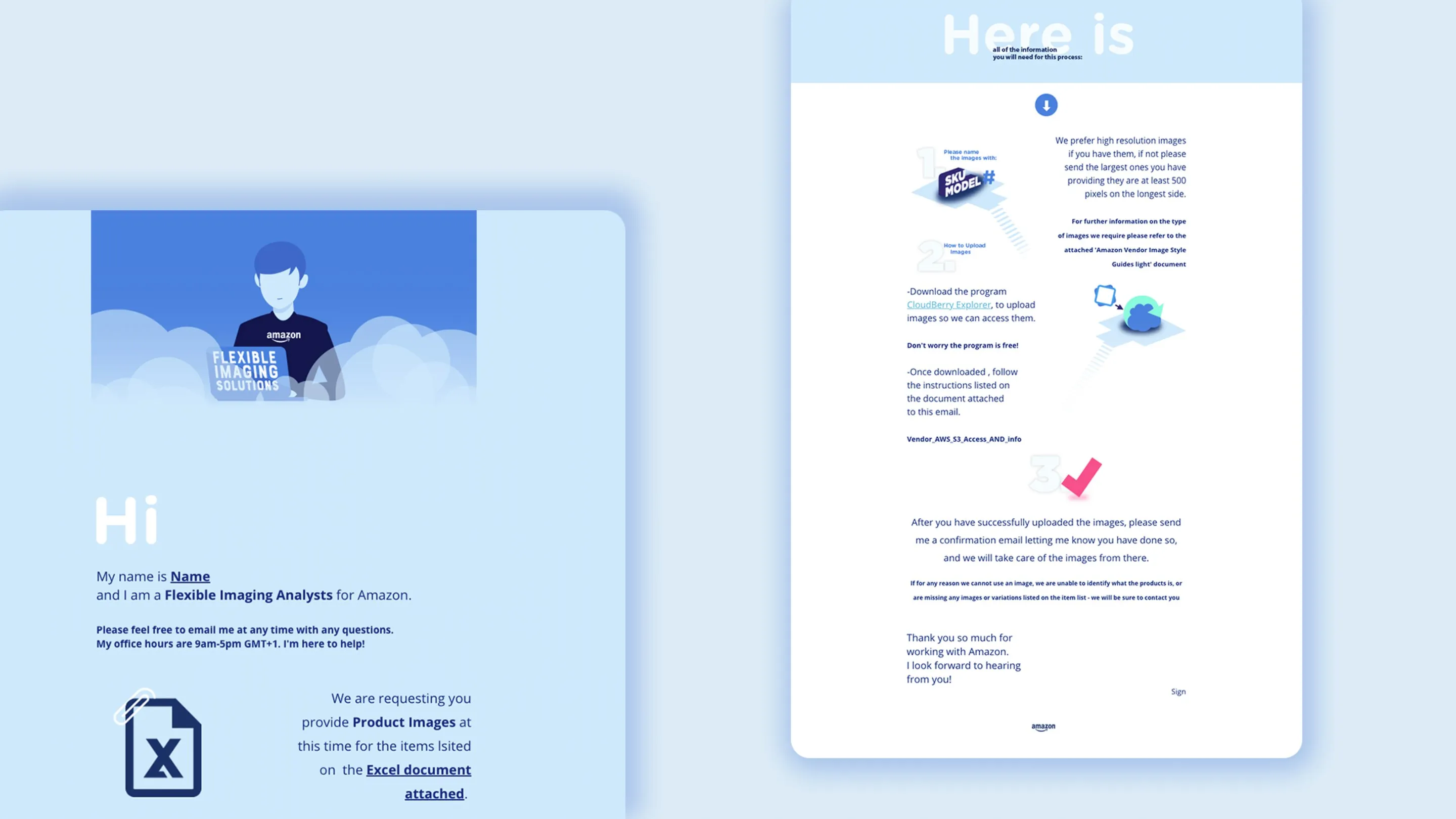 The 'Flexible imaging' newsletter: two blue pages with a friendly illustrated character saying hi.