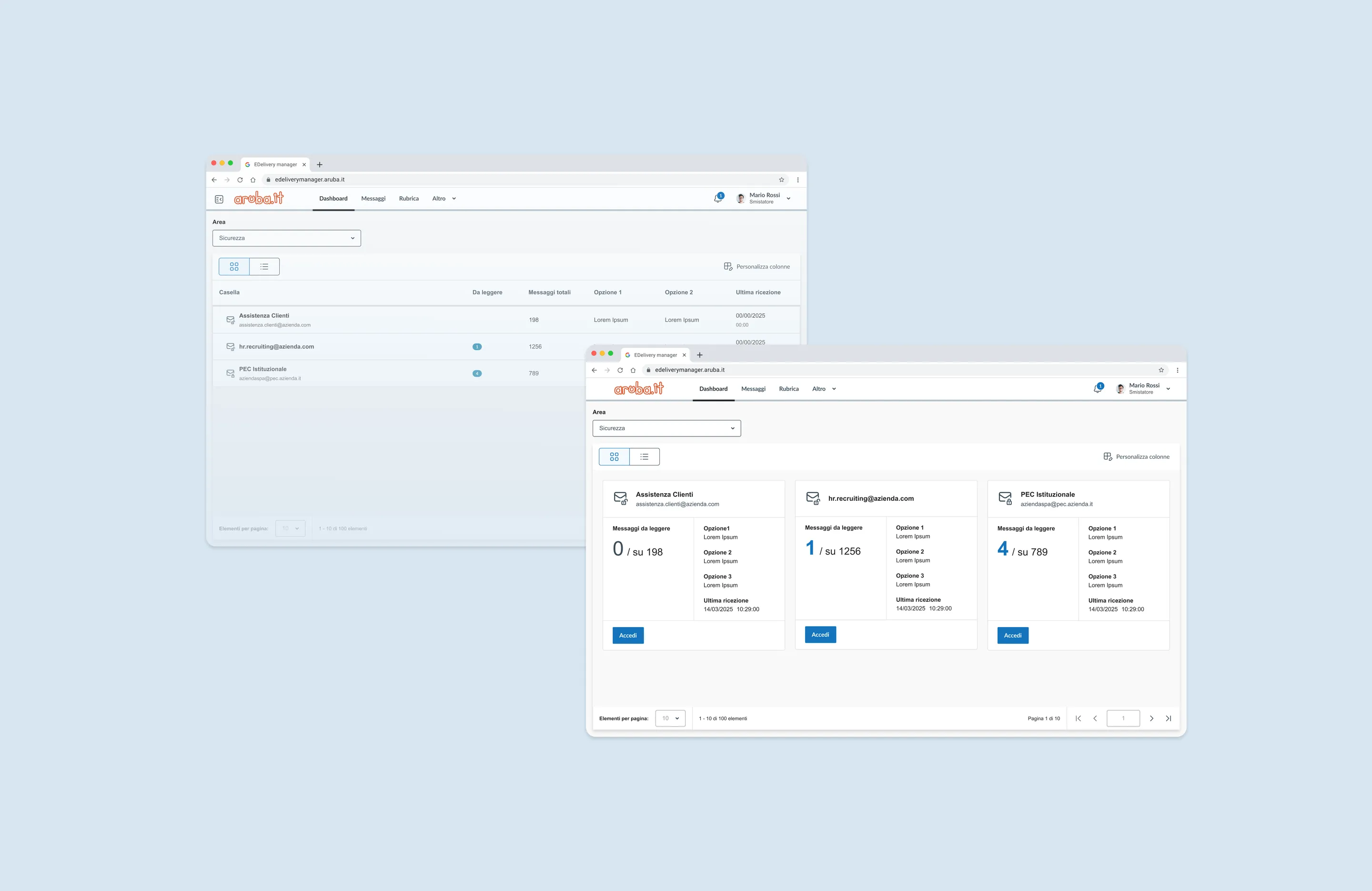 Two browser windows with the eDelivery Manager dashboard: the list view of the certified mailboxes and the new card view.
