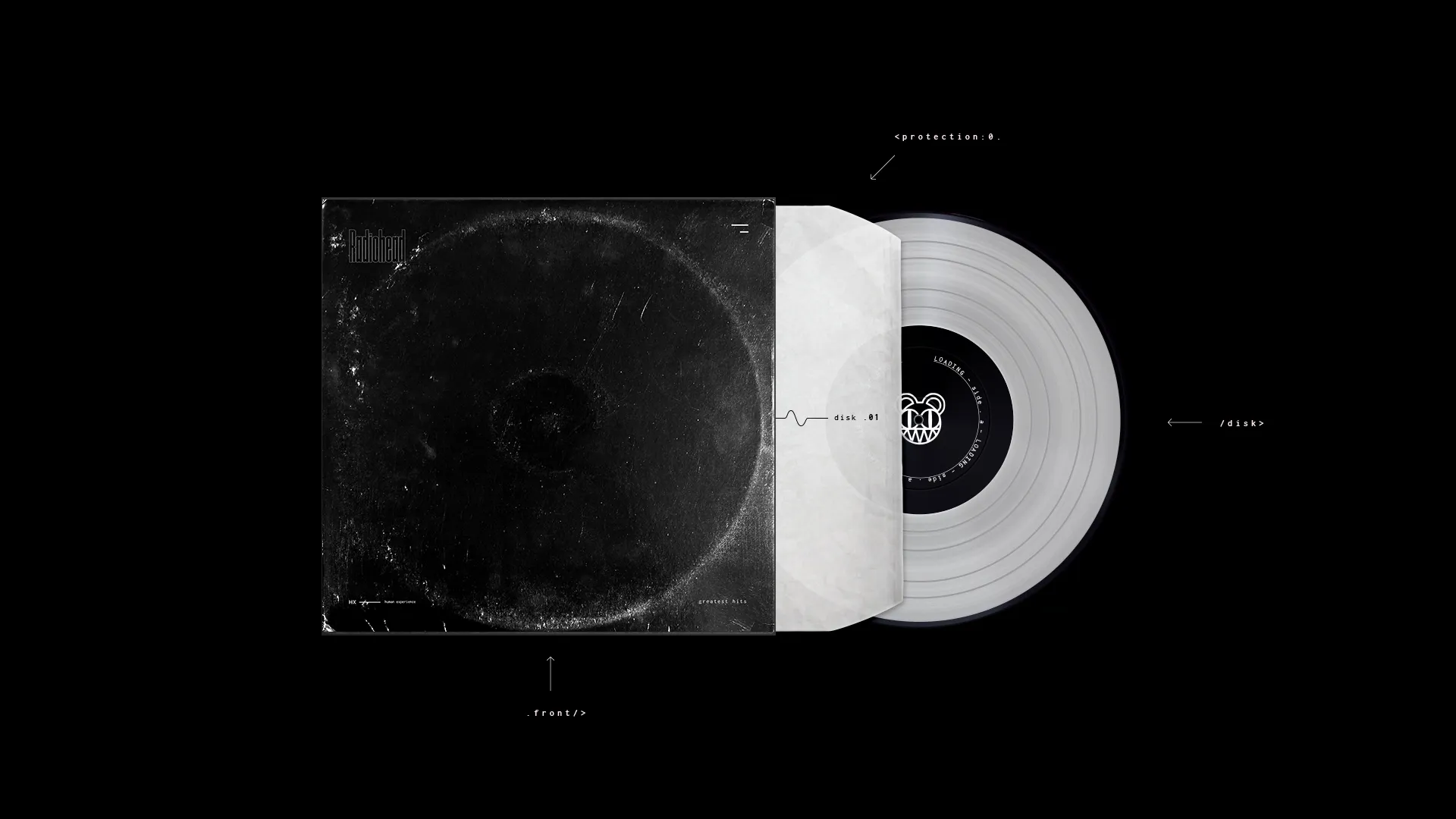 Front of the HX sleeve next to its white inner sleeve and a record with the 'loading side A' label; small annotations such as '.front/>' and '<protection:0>' surround them.