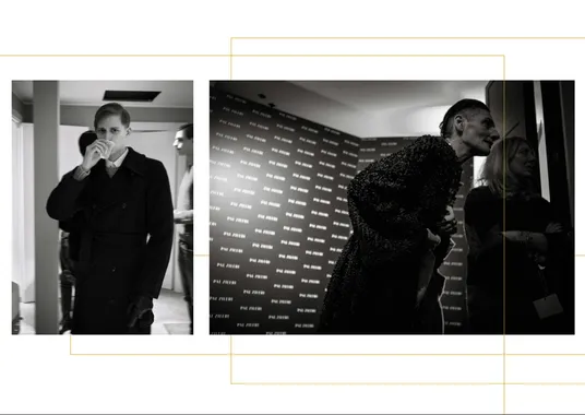 Spread with two backstage photographs, a man in a coat and people at the press wall, laid over a grid of thin gold lines.
