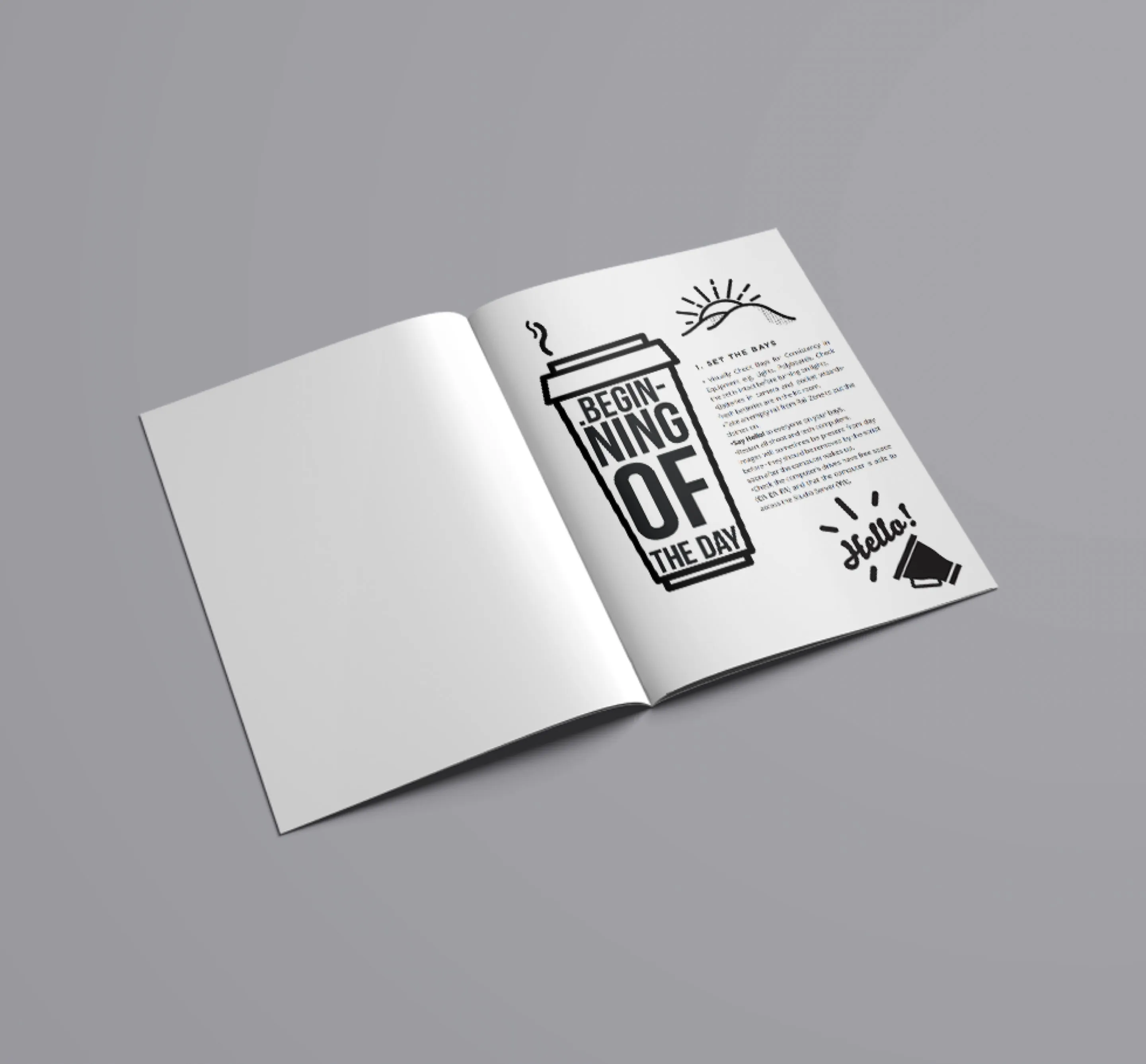 The guide open on the 'Design thinking of the studio' spread with a spray-can illustration.