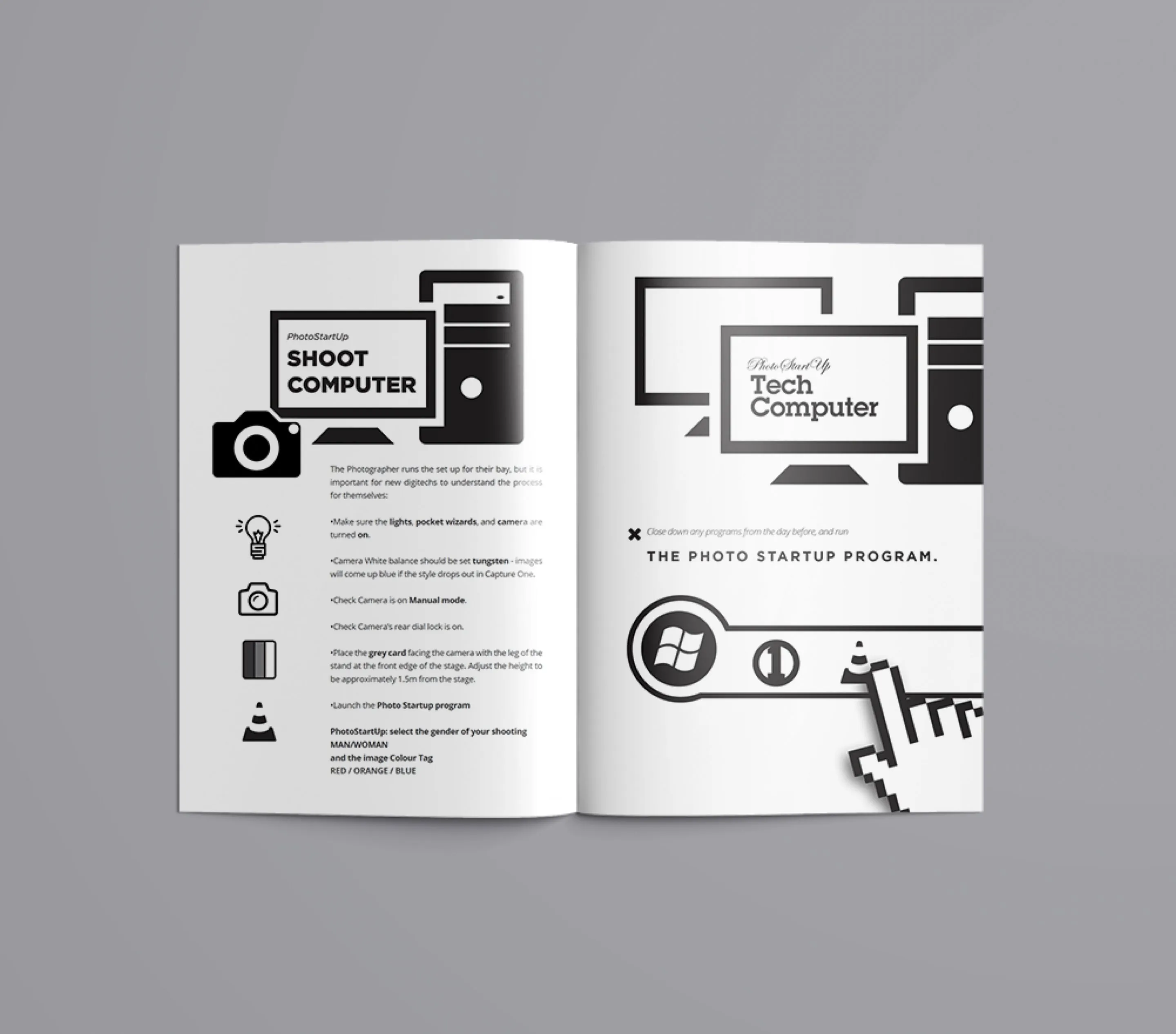 The guide open on the 'Shoot computer / Tech computer' spread with icons and a cursor.
