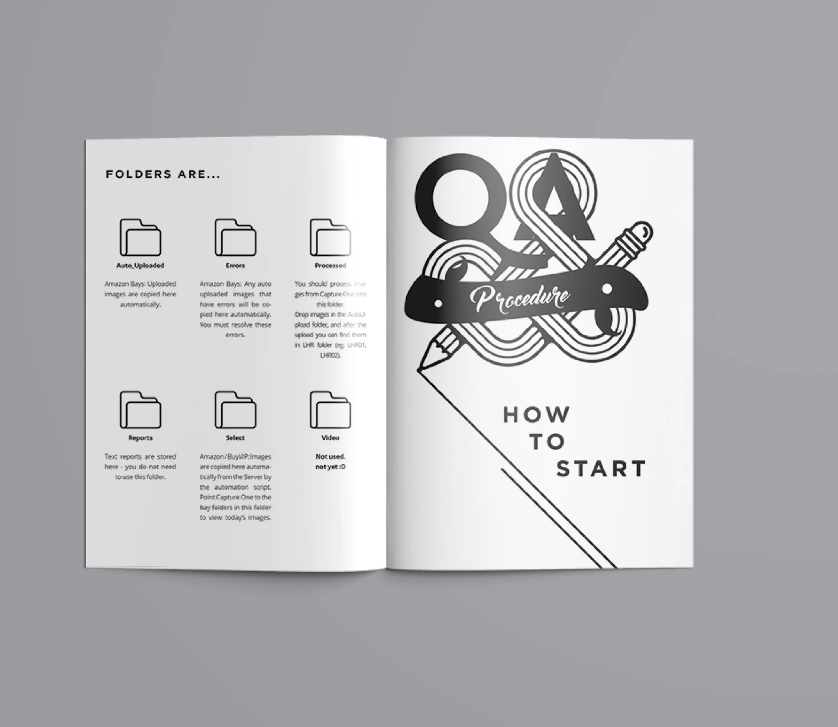 The guide open on the 'Folders are…' and 'How to start' spread with a pencil-and-camera illustration.