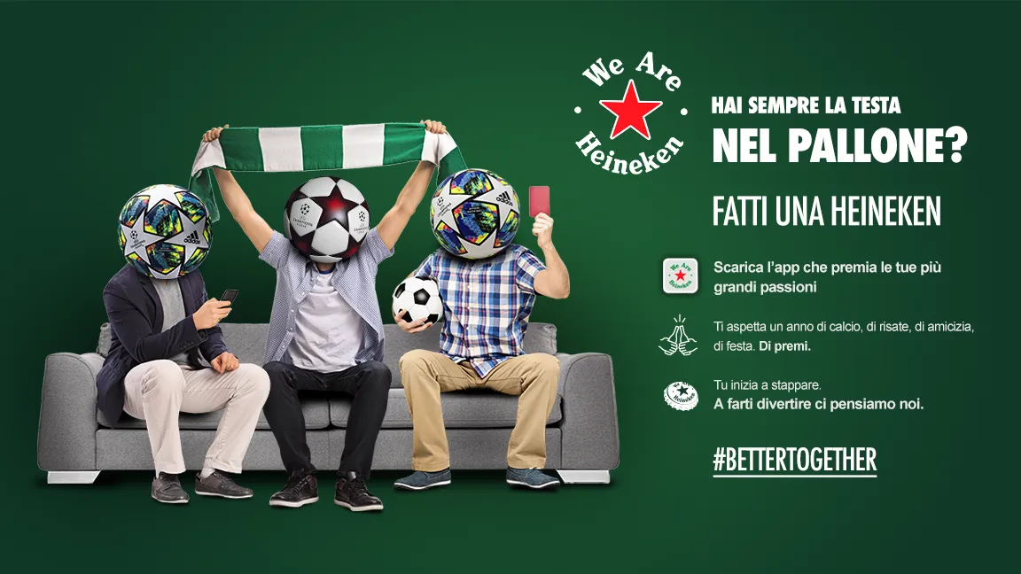 Three friends on a sofa with footballs for heads: “Football on your mind? Have a Heineken.”