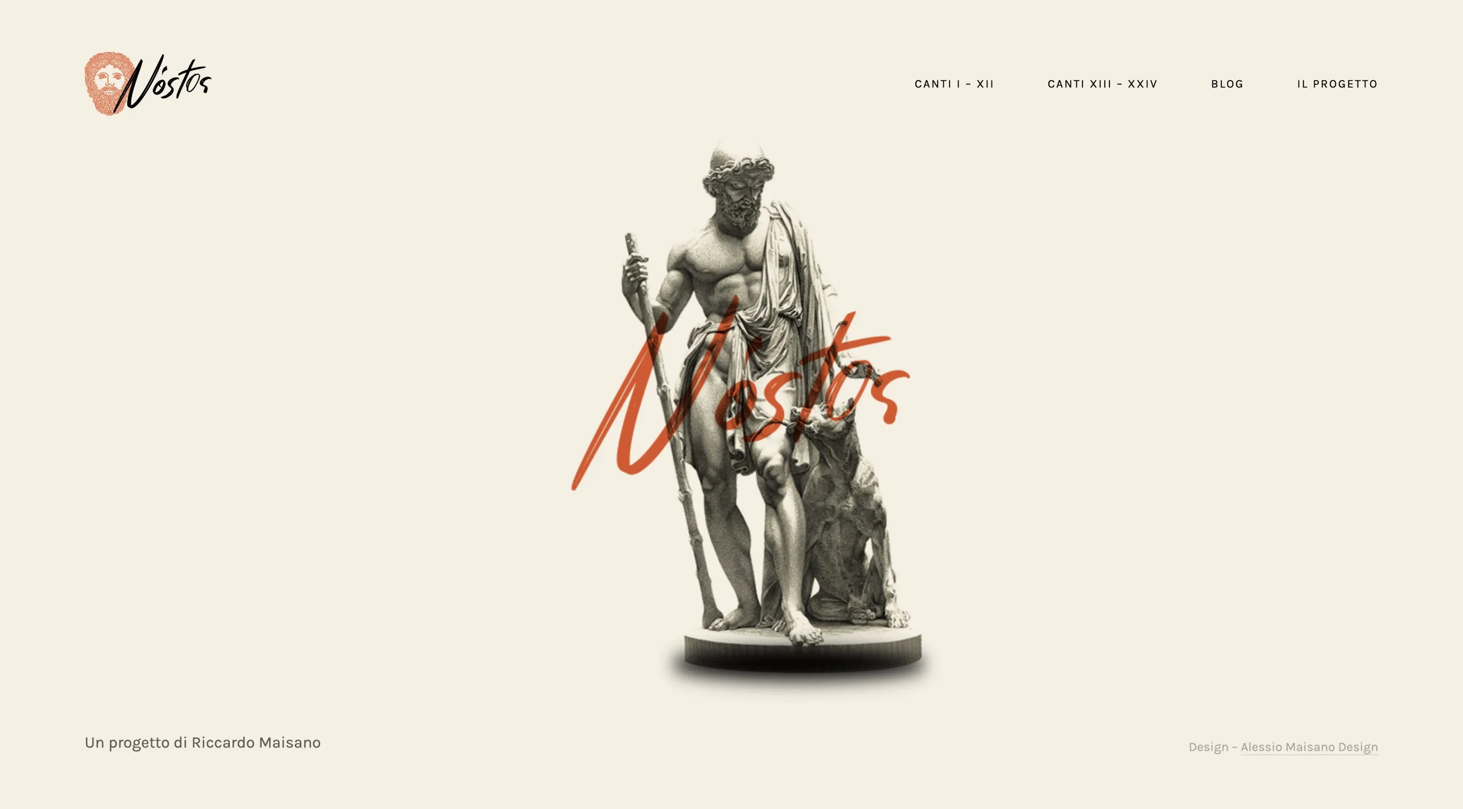 The Nóstos home page: the statue of Ulysses with his dog on cream, the name written across it in orange, the menu Canti I – XII, Canti XIII – XXIV, Blog, Il progetto.