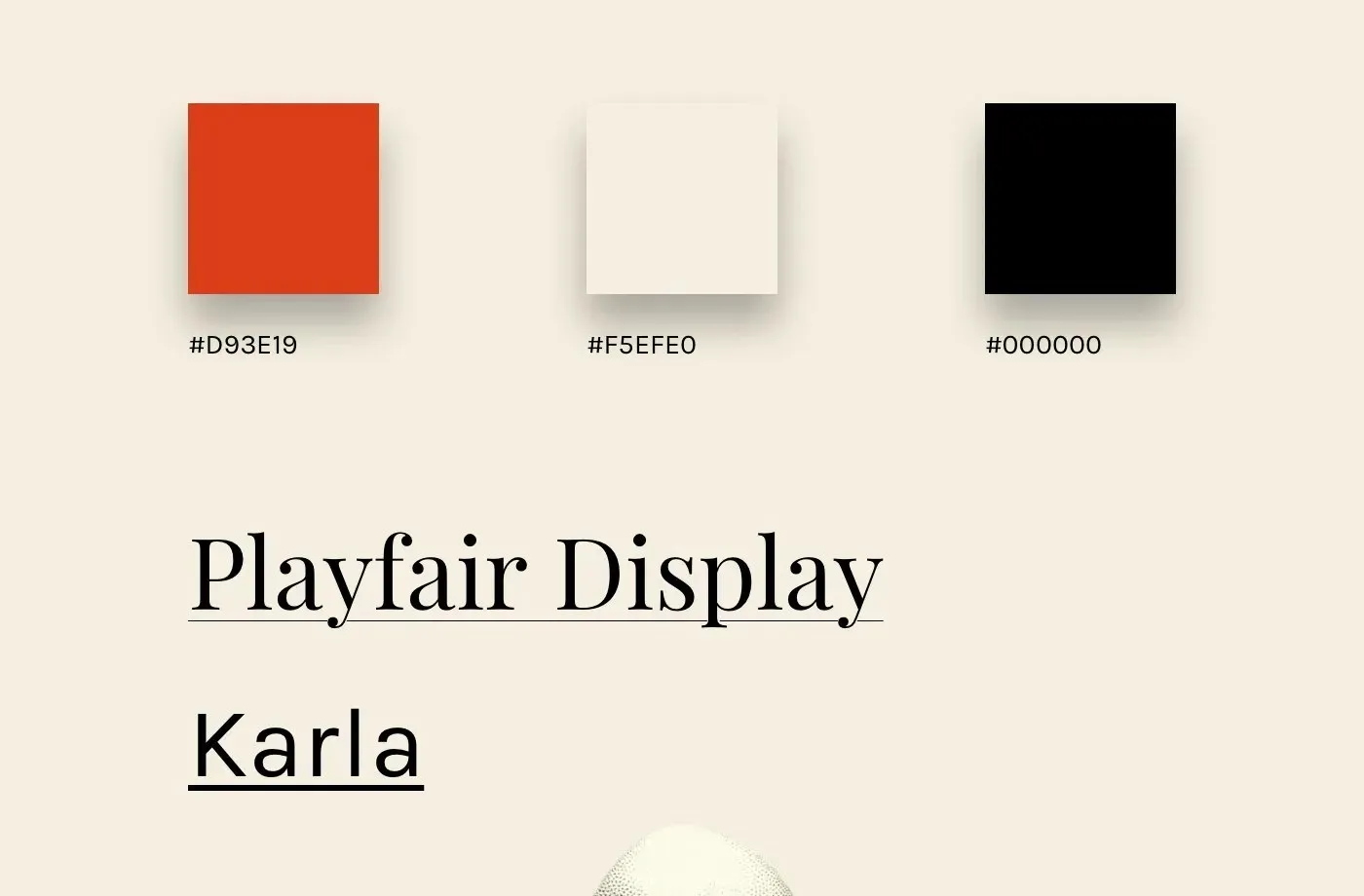 The visual identity: the palette #D93E19 orange, #F5EFE0 cream and black, and the typefaces Playfair Display and Karla.