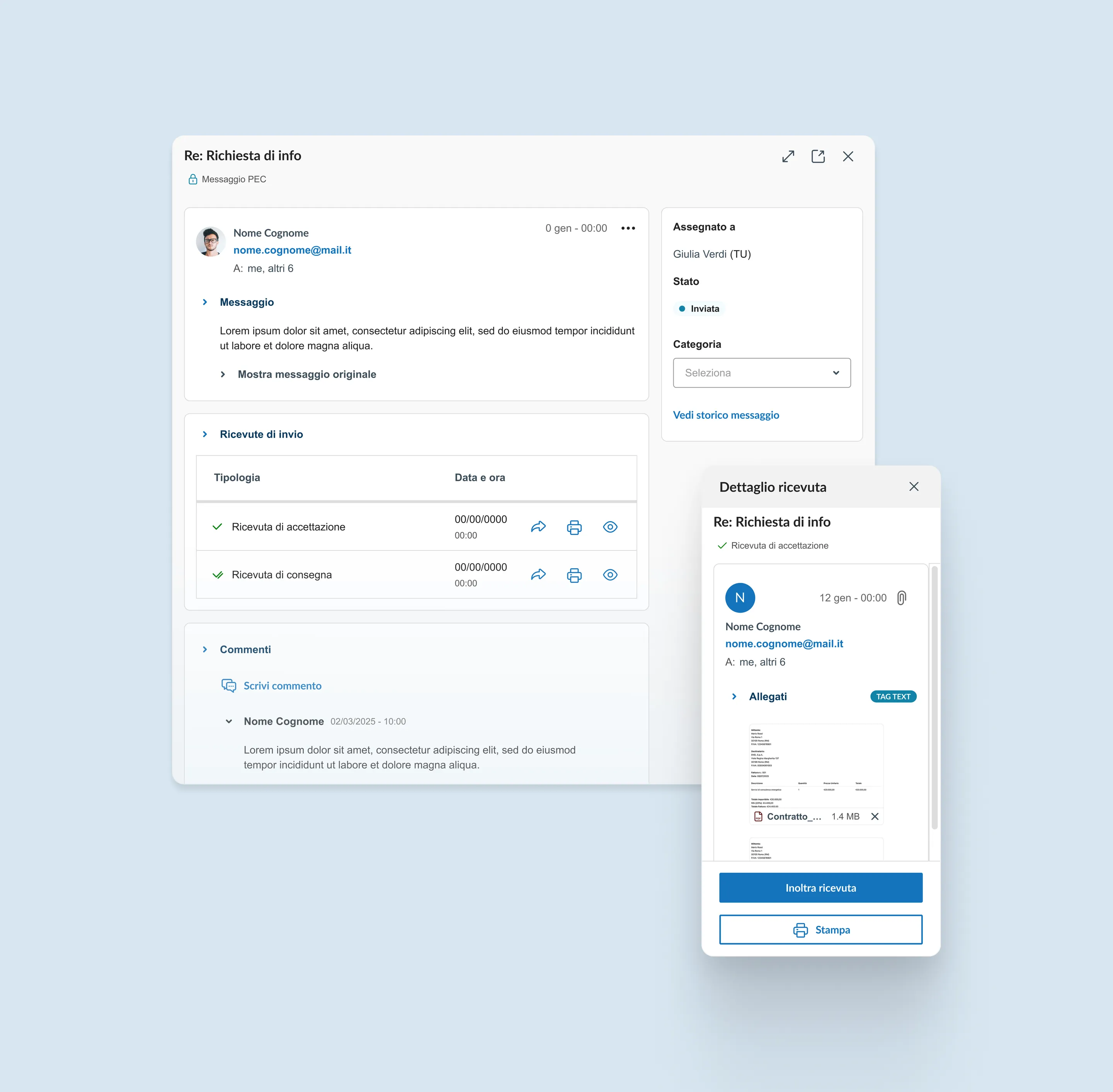 An email thread with delivery receipts and the receipt detail panel.