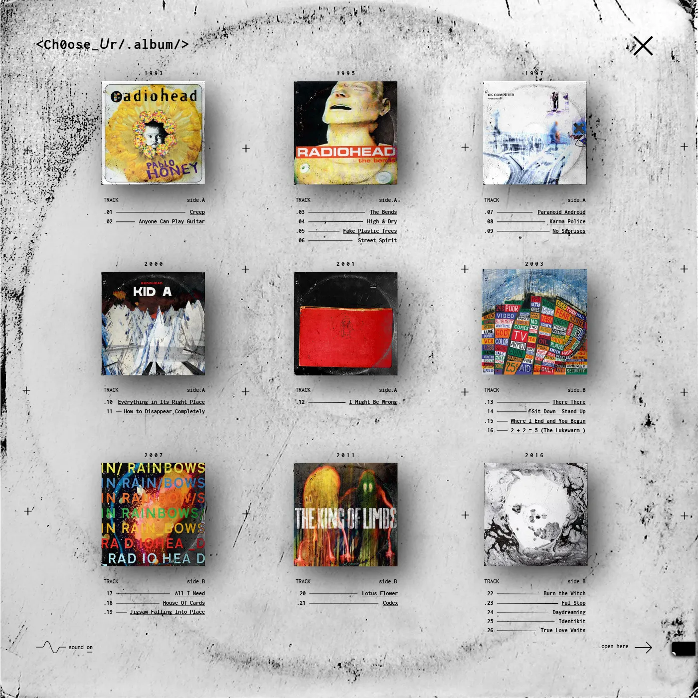 Back of the sleeve, the 'Ch0ose_Ur/.album/' page: nine Radiohead album covers laid out as a grid, each with its year and tracklist.