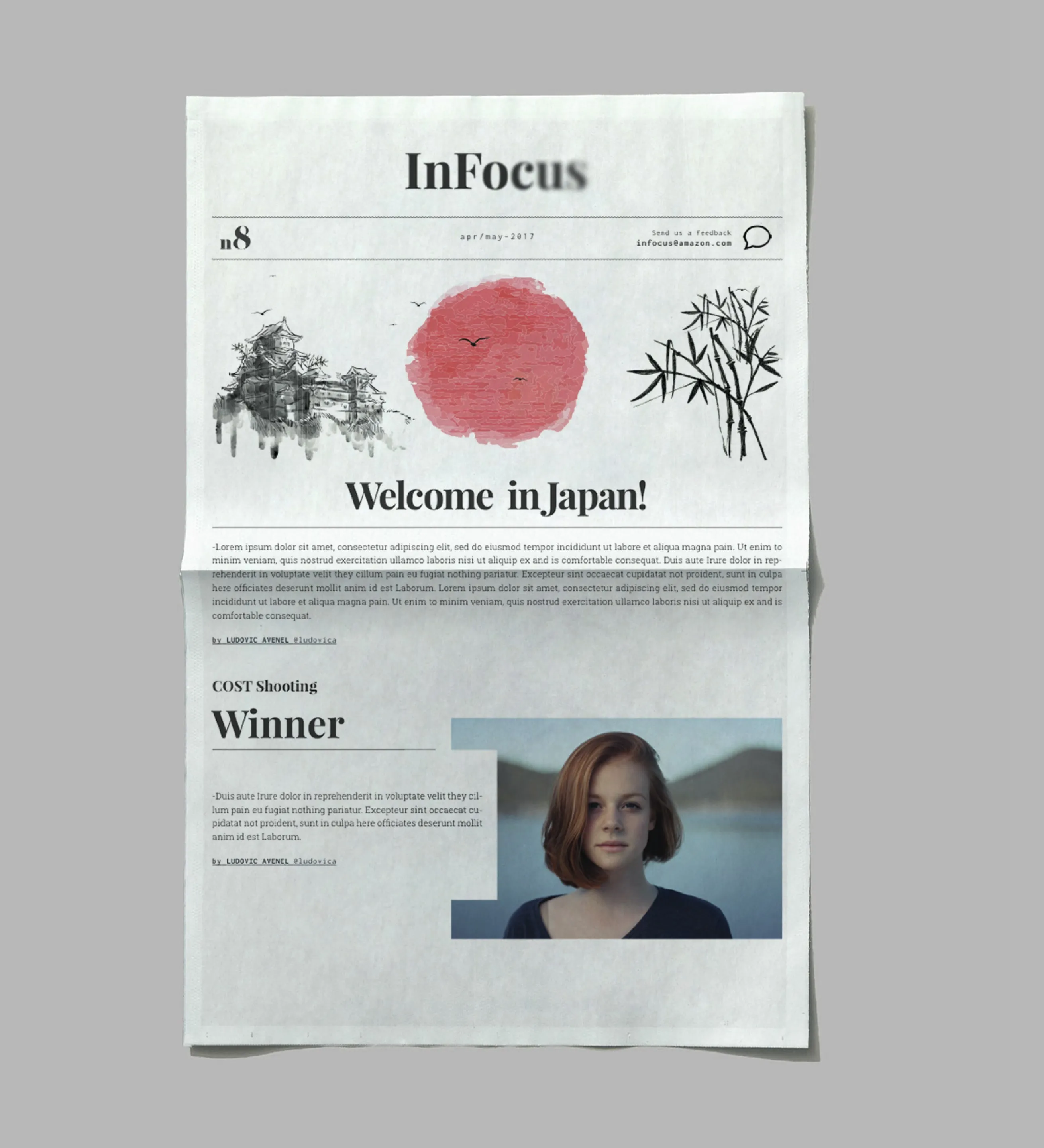 An issue of 'InFocus', the studio newspaper, with ink-style illustrations and a 'Welcome in Japan' headline.