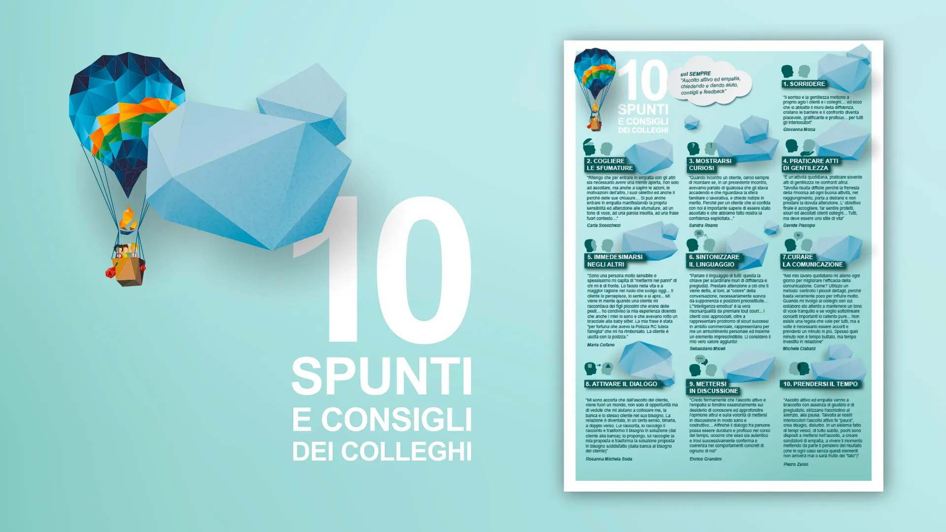 “10 tips and advice from colleagues”: a low-poly hot-air balloon and cloud next to the infographic.
