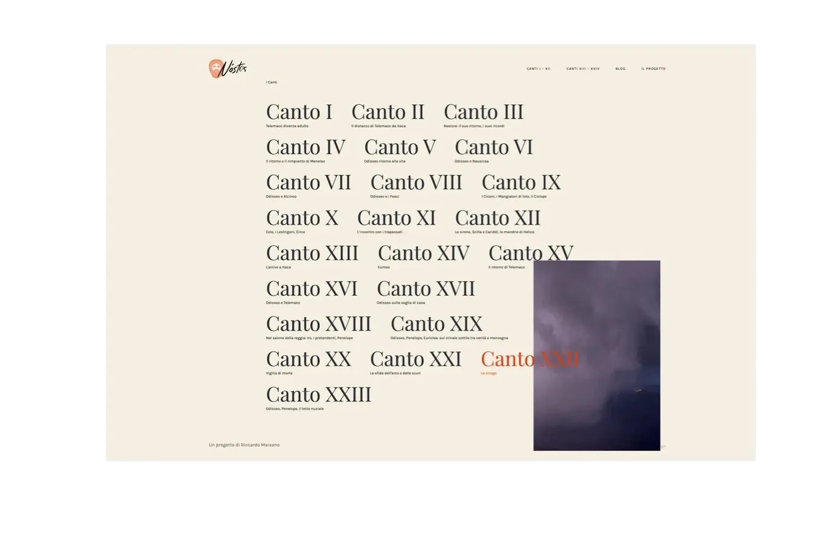 A laptop showing the full index of the twenty-four cantos in serif type, Canto XXII highlighted in orange with a stormy-sky photo.