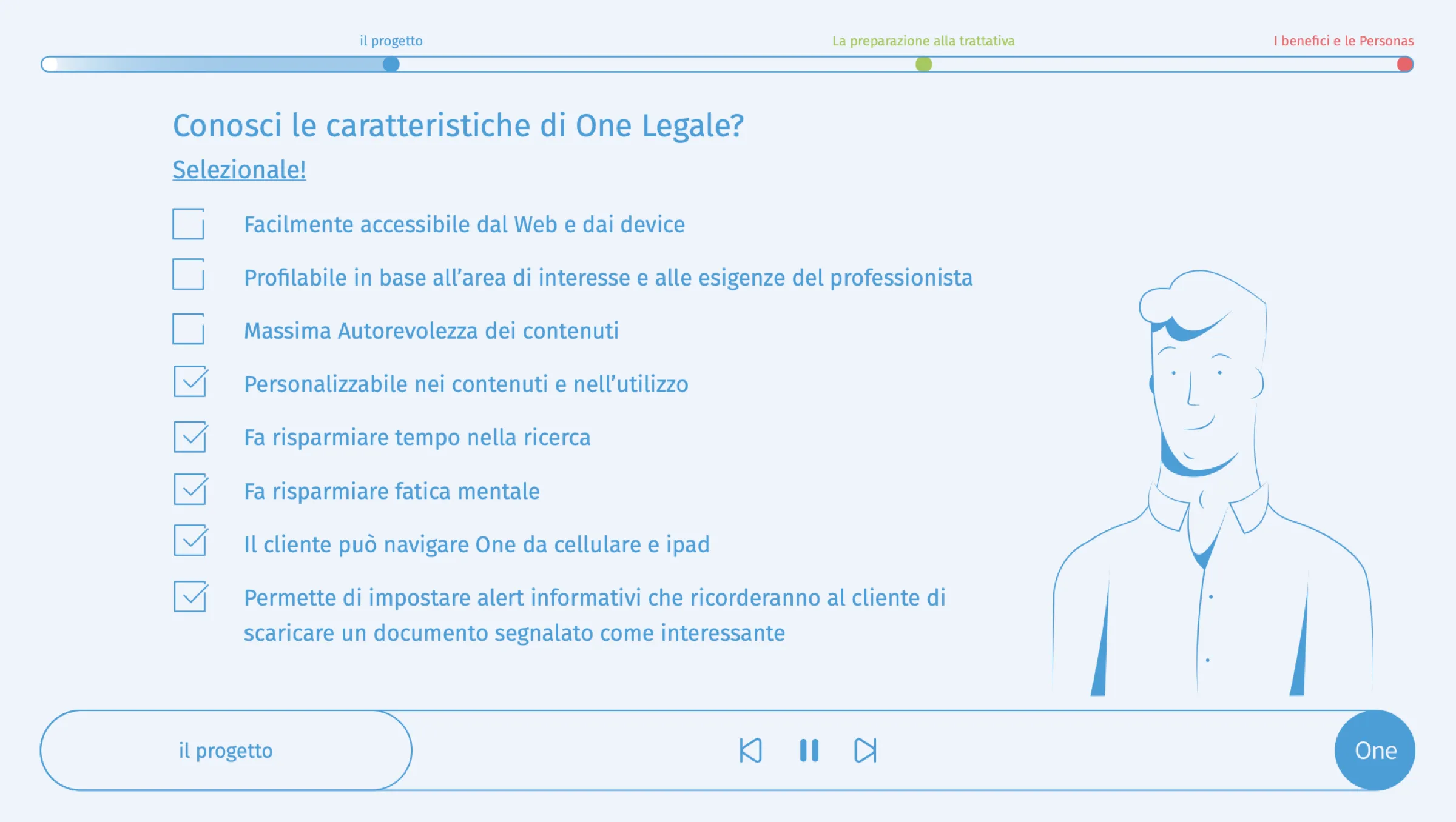 Course screen: “Do you know One Legale’s features?”, a checklist.