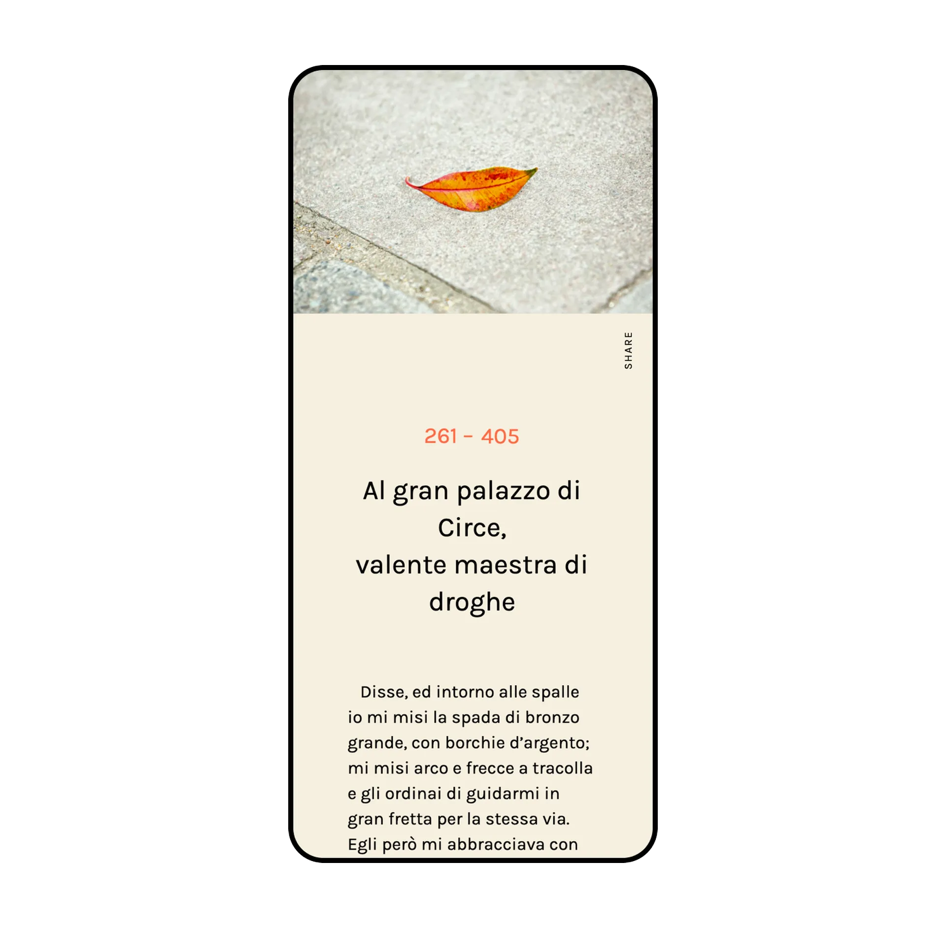 A canto page on a phone: a photo of a fallen leaf, the verse range 261 – 405, the subtitle 'Al gran palazzo di Circe, valente maestra di droghe' and the verses below.