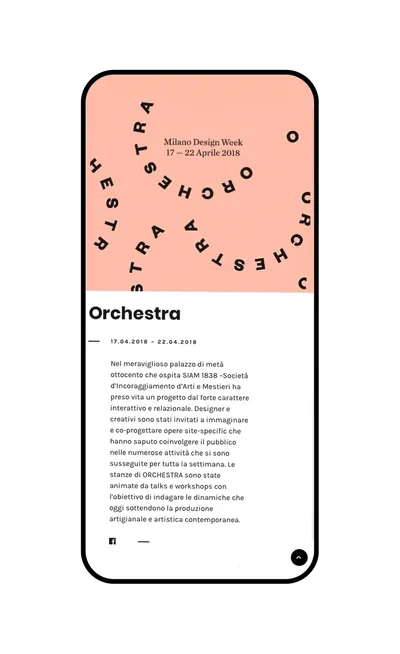 The Orchestra event page on a phone: the title running in circles on pink, the dates and the description below.