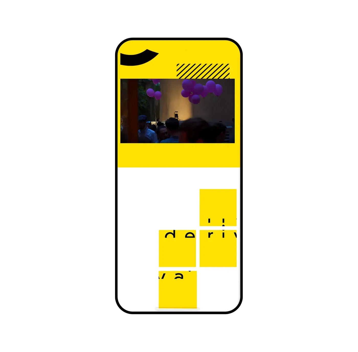 The Deriva home page on a phone: a photo of an event and the wordmark split into yellow tiles.