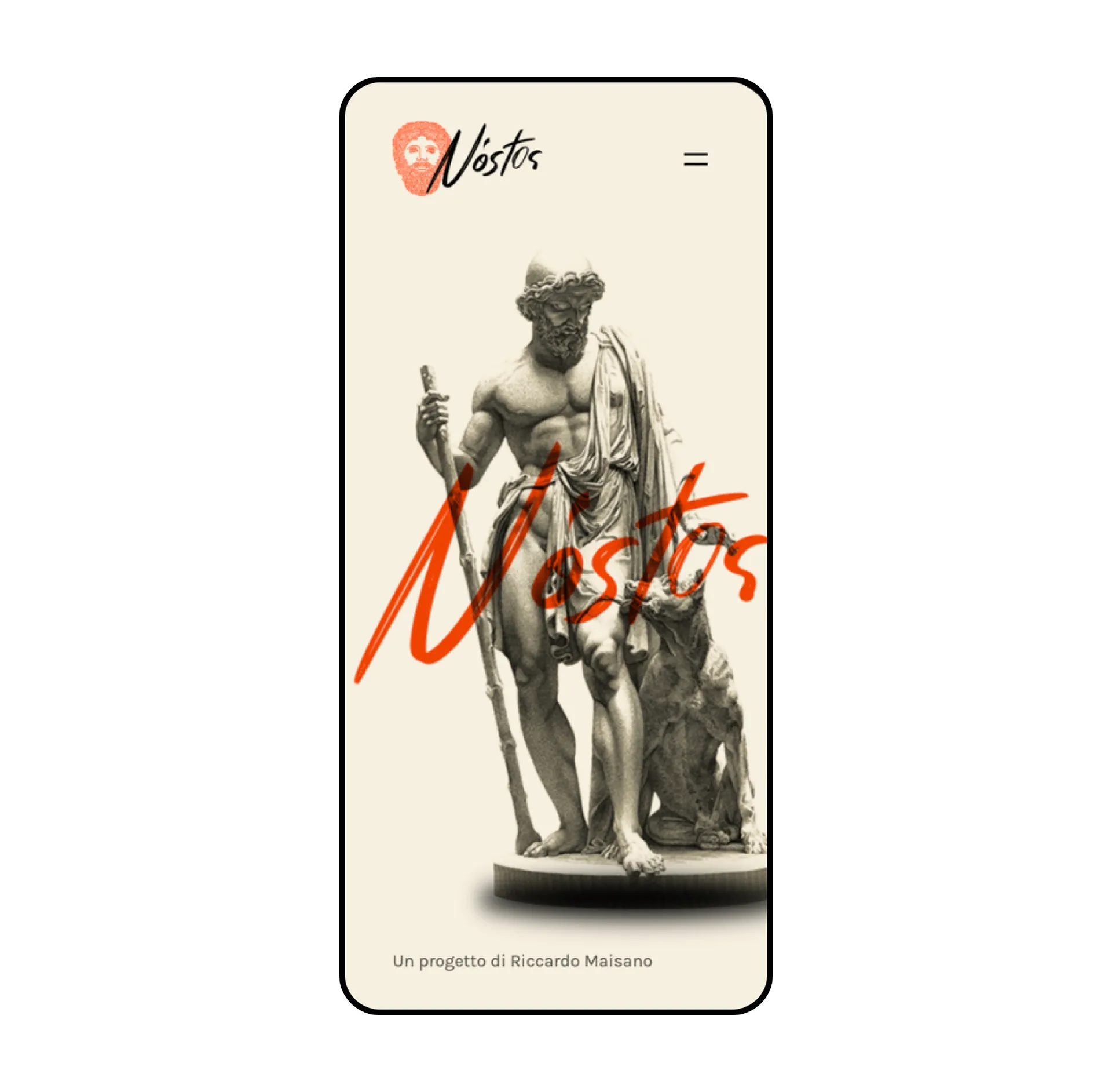 The Nóstos home page on a phone: the marble statue with the name in orange brush lettering and the line 'Un progetto di Riccardo Maisano'.