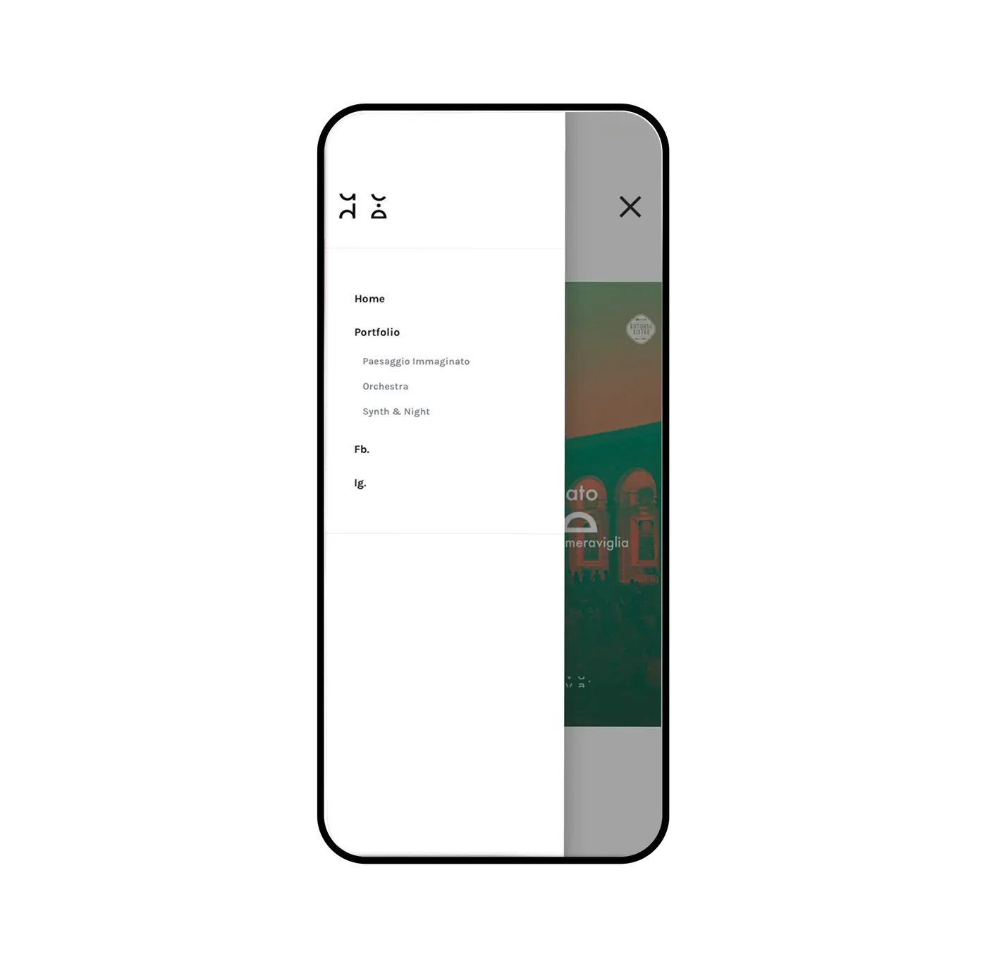 The site menu on a phone: Home, Portfolio with the three events, Facebook and Instagram.