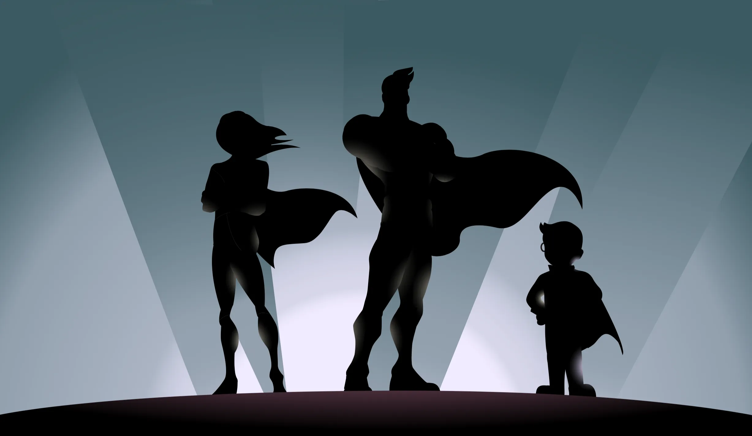PSA Groupe: the silhouettes of a family of superheroes under a spotlight.