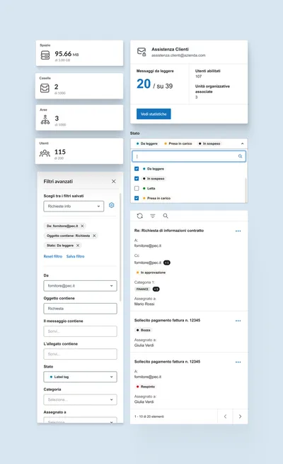 Mobile view of eDelivery Manager: dashboard tiles with counters, an advanced-filters panel and a list of requests with status badges.