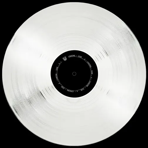 A white vinyl record with a black 'loading side A' label, seen from above on black.