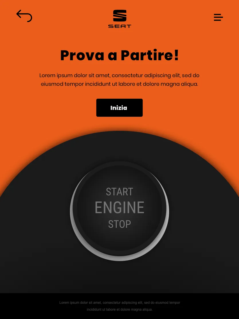 SEAT instant win: “Ready to go?” above a start-stop engine button.