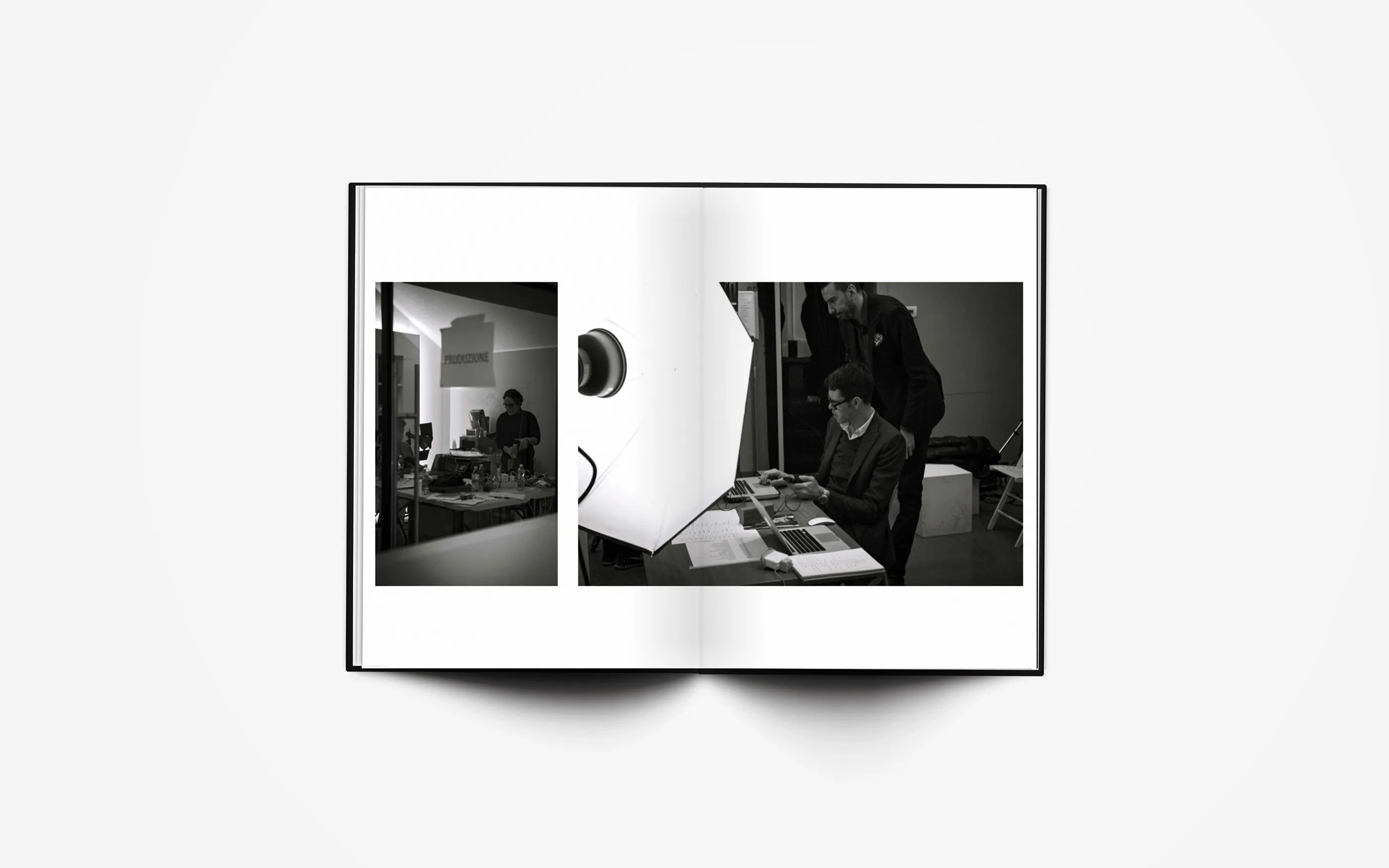 Open spread: two photographs of the fitting room, a model sitting at a table and people working around a lamp.